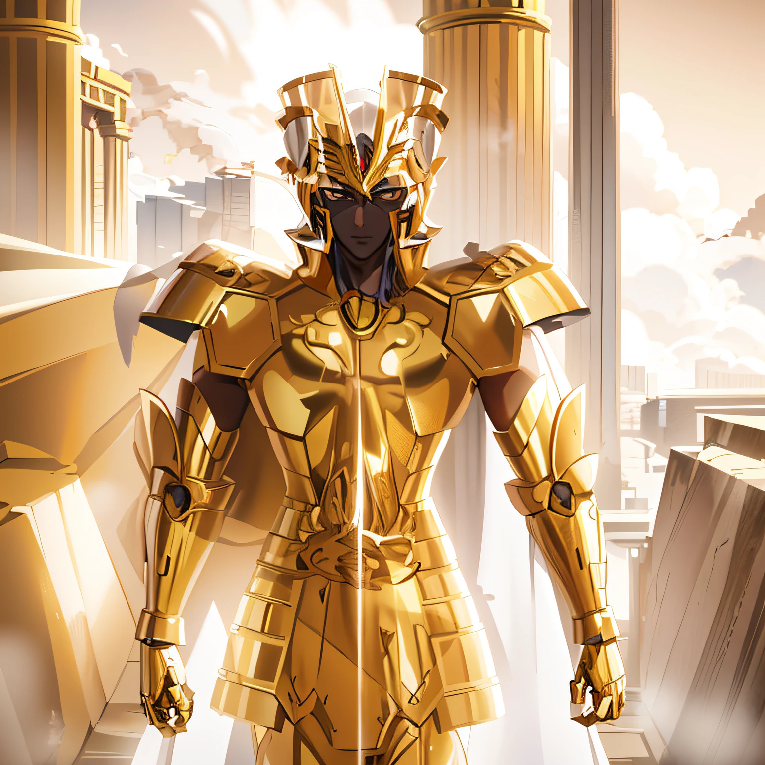 Anime character in golden armor standing in front of a building, unreal motor render Sao Seiya, Saint Seiya, Armadura Dourada, usando armadura dourada, Armadura Dourada Angelical, usando armadura dourada, armadura de ouro, armadura dourada vestindo, Armadura dourada, paladino de ouro, Armadura de Ouro, armadura pesada de ouro. Dramatic, armadura dourada e brilhante de cobre, armadura de ouro elegante, armadura de ouro claro