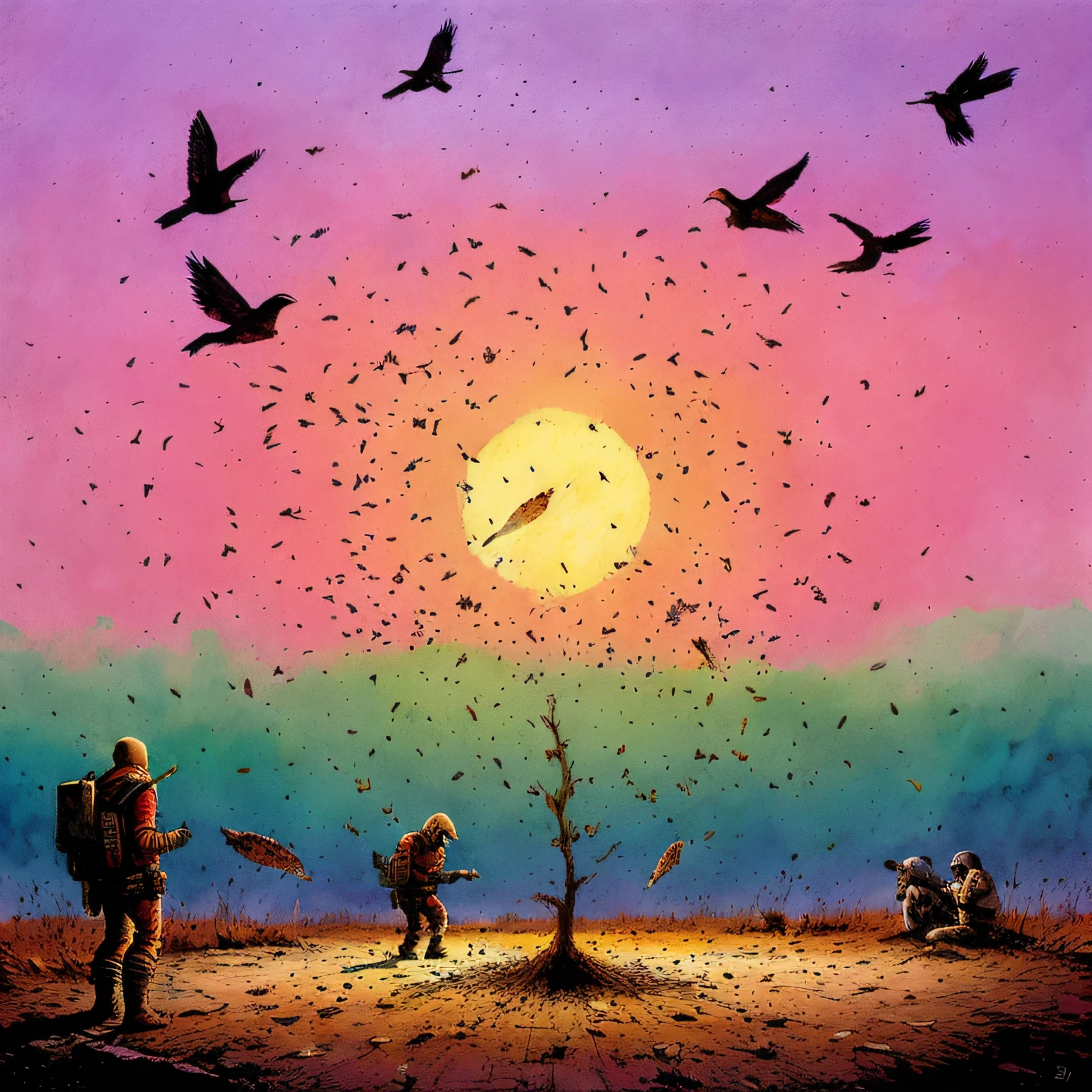 (Birds eating seeds from the ground), science fiction, complex scene   futuristic, post-apocalyptic
 pink-scene, pink-sky
(  ink sketch by Enki Bilal)((masterpiece, best quality, )),