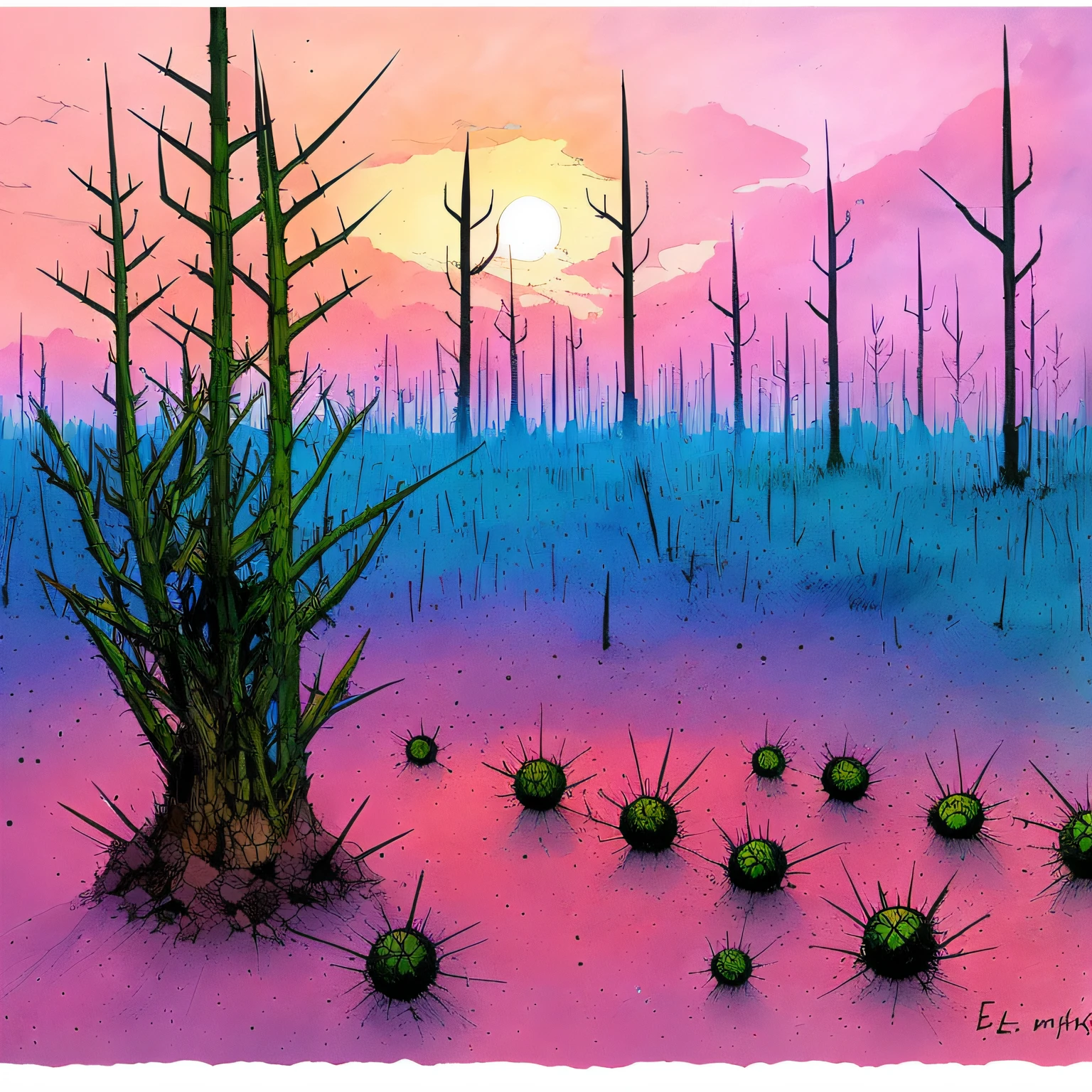 (Plants that grew with thorns), science fiction, complex scene futuristic, post-apocalyptic
pink-scene, pink-sky
( ink sketch by Enki Bilal)((masterpiece, best quality, )),