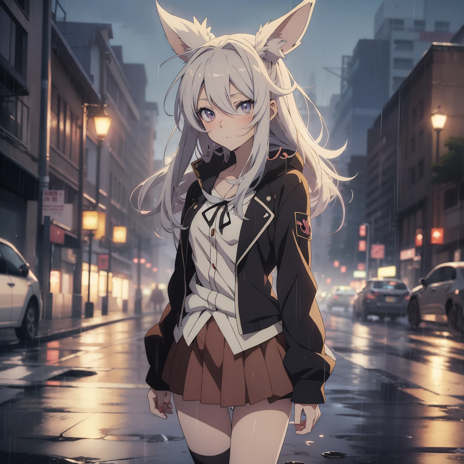 ((anime styled:1.4))Rabbit-eared girl Mini skirt background in the rain on very delicate background Text background knee sox sun light shinny hair Sad look scinematic angle cinematic shadow softfocus fullllbody