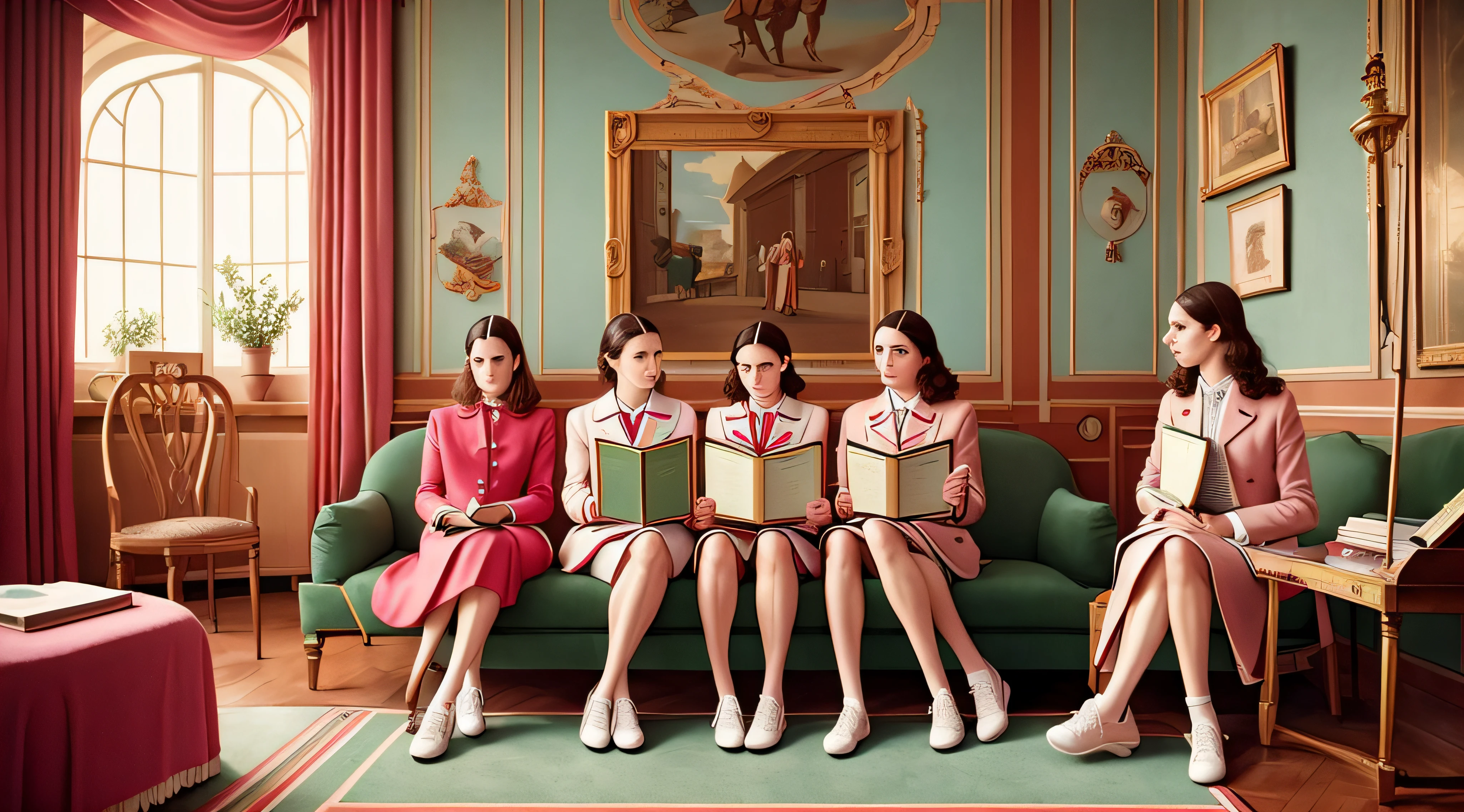 8k ultra high definition, Women reading a manifesto on a tennis court, The pose was inspired by the painting La Liberté guidant le peuple, Wes Anderson Style, Wes Anderson Films, by Wes Anderson, Moody : : Wes Anderson-style compositions, Wes Anderson style pastel colors, Wes Anderson(Wes Anderson)And Gucci(Gucci), Chanel(Chanel), Wes Anderson) The illustrations and drawings were inspired by the paintings of Ignasi Monreal. --auto