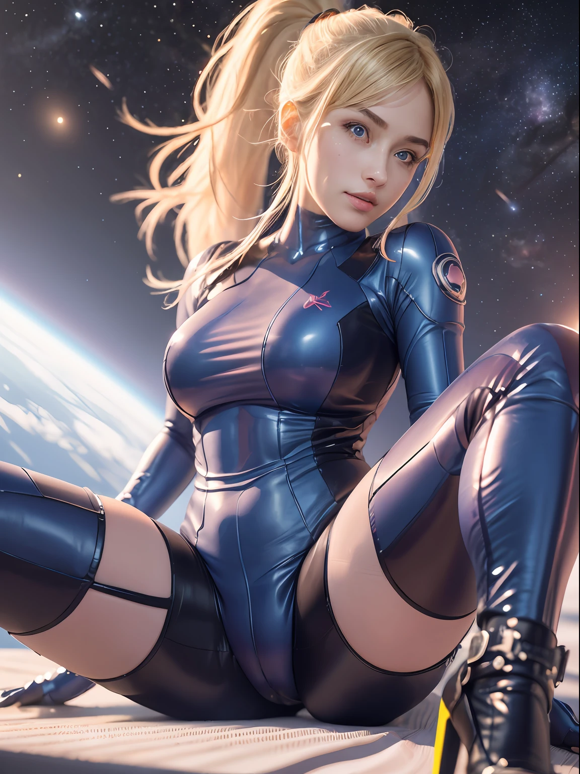 samus aran, ponytail, hair tie, blue gloves, blue bodysuit, high heels (masterpiece, best quality:1.4), (modern days), blue eyes, 1girl, solo, pov, sfw, stunning girlfriend, (space background), (ass focus:1.2), spread legs, heart shaped face, elegant face, beautiful face, highly detailed face, highly detailed skin, skin pores, subsurface scattering, realistic pupils, medium breast, loving smile, full face blush, full lips, detailed background, depth of field, volumetric lighting, sharp focus, absurdres, realistic proportions, good anatomy, (realistic, hyperrealistic:1.4), 16k hdr,