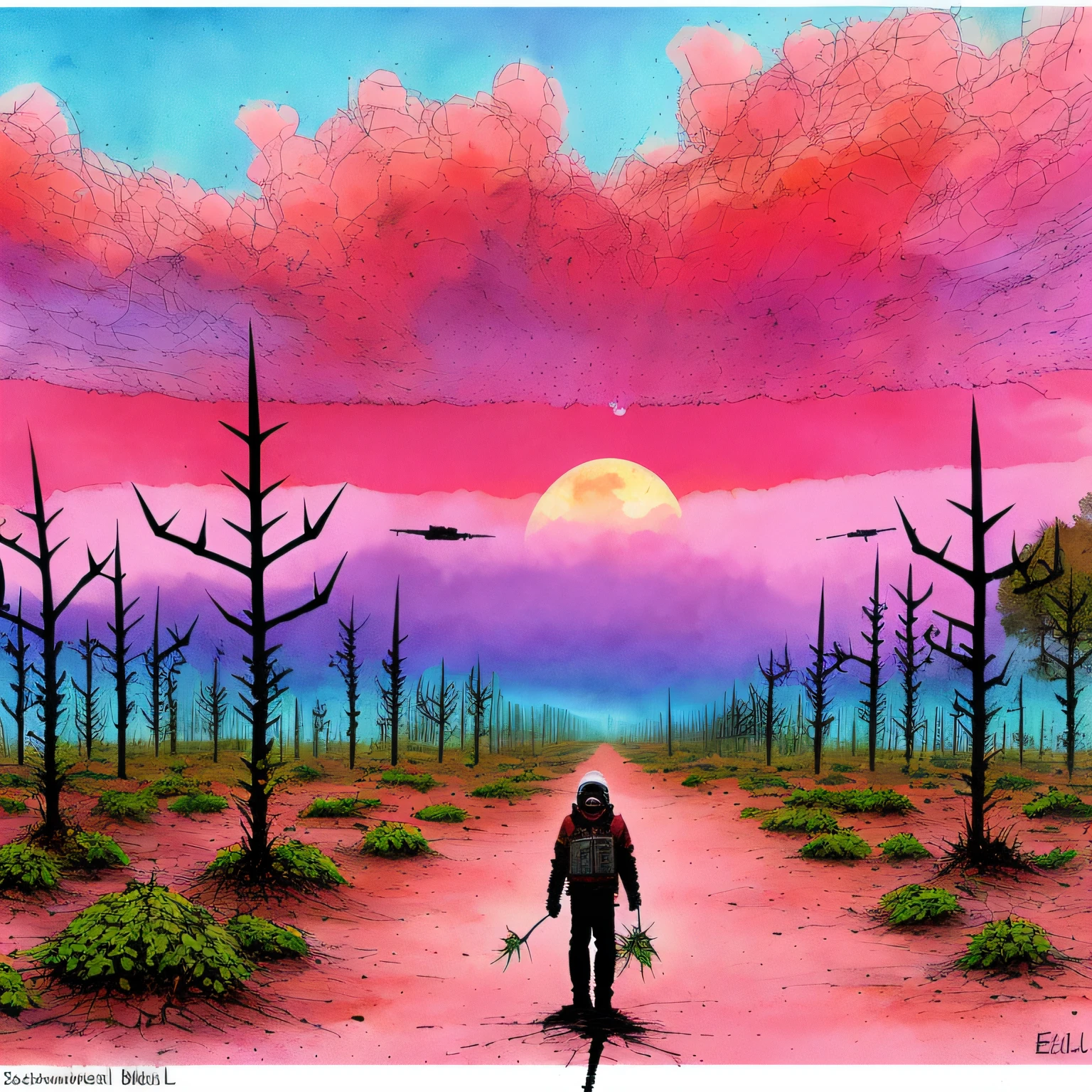 (Plants that grew with thorns), science fiction, complex scene futuristic, post-apocalyptic
pink-scene, pink-sky
( ink sketch by Enki Bilal)((masterpiece, best quality, )),