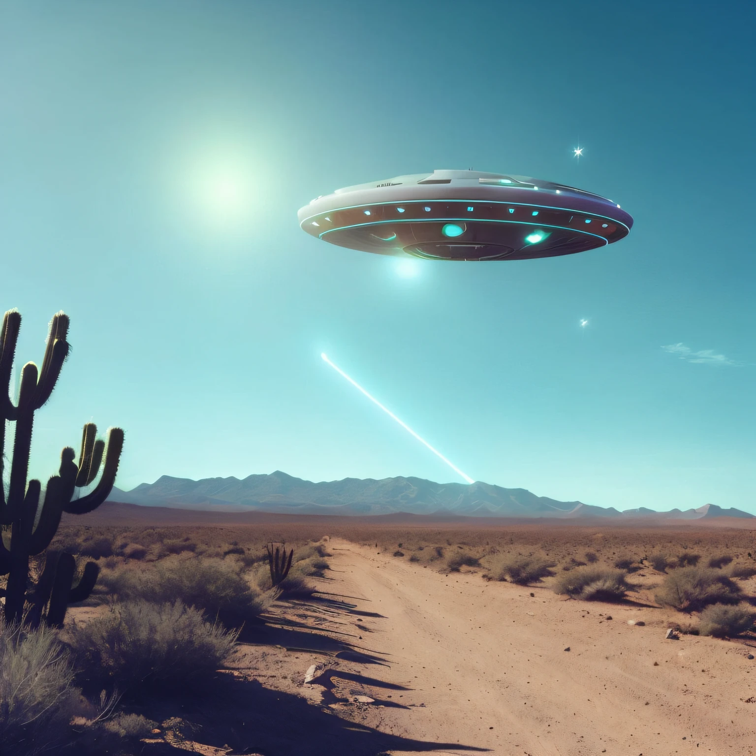 disco voador super detalhado, nave espacial sobrevoando um deserto com pessoas ao fundo, alien abduction, Rapto de OVNIs, aliens invading earth, ufo aliens, populated with aliens and people, ufo attack, Pouso de OVNIs, ufologia, Alien invasion, OVNI com lasers, of a ufo propulsion system, extraterrestre, ufo lighting, alien spaceship, depicted as a scifi scene, mechanical marvel, robotic presence, (steel metal, Foco claro , Uplighting , cores vibrantes, obra-prima, 8k