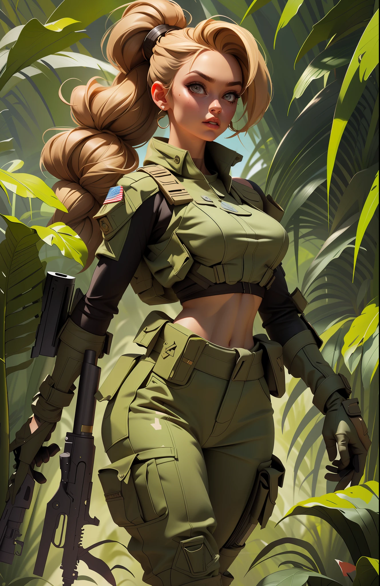 Gorgeous and fearless female soldier, fit body, military cropped top, bare shoulders, dark blond hair, tattoo arm, holding big gun, running, looking at distance, sun rays, jungle background, full detail face,  killing eyes, high detail, realistic, photo quality, high quality,  (photorealistic:1.6), highly detailed, masterpiece, High-quality shadow,