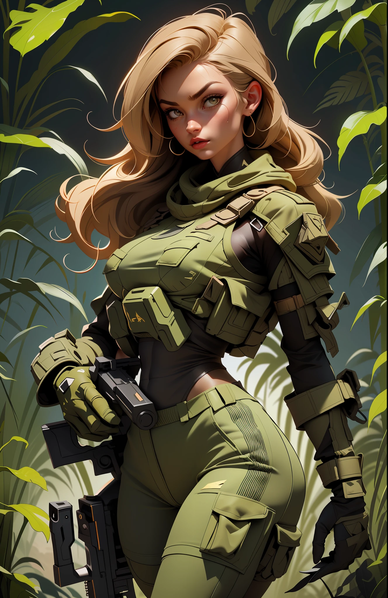 Gorgeous and fearless female soldier, fit body, military cropped top, bare shoulders, dark blond hair, tattoo arm, holding big gun, running, looking at distance, sun rays, jungle background, full detail face, killing eyes, high detail, realistic, photo quality, high quality, (photorealistic:1.6), highly detailed, masterpiece, High-quality shadow,