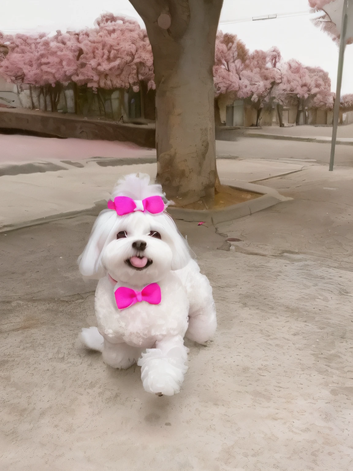 A high-quality photo of a bichon frise dog, with white coat and a beautiful pink bow on his head walking the streets