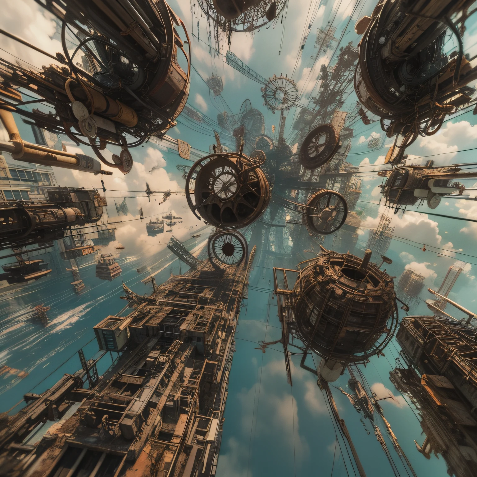 a heavily distorted, fading late morning sky, a singular object comprised of contorted feathers/machinery/pipes/rusted components is floating in the air, extra detail, 4kHD details, best resolution, surrealistic composition, extreme camera angle, motion blur, depth of field, foreshortening, tilted camera angle, cinematic lighting, movie scene, precise details, intense details