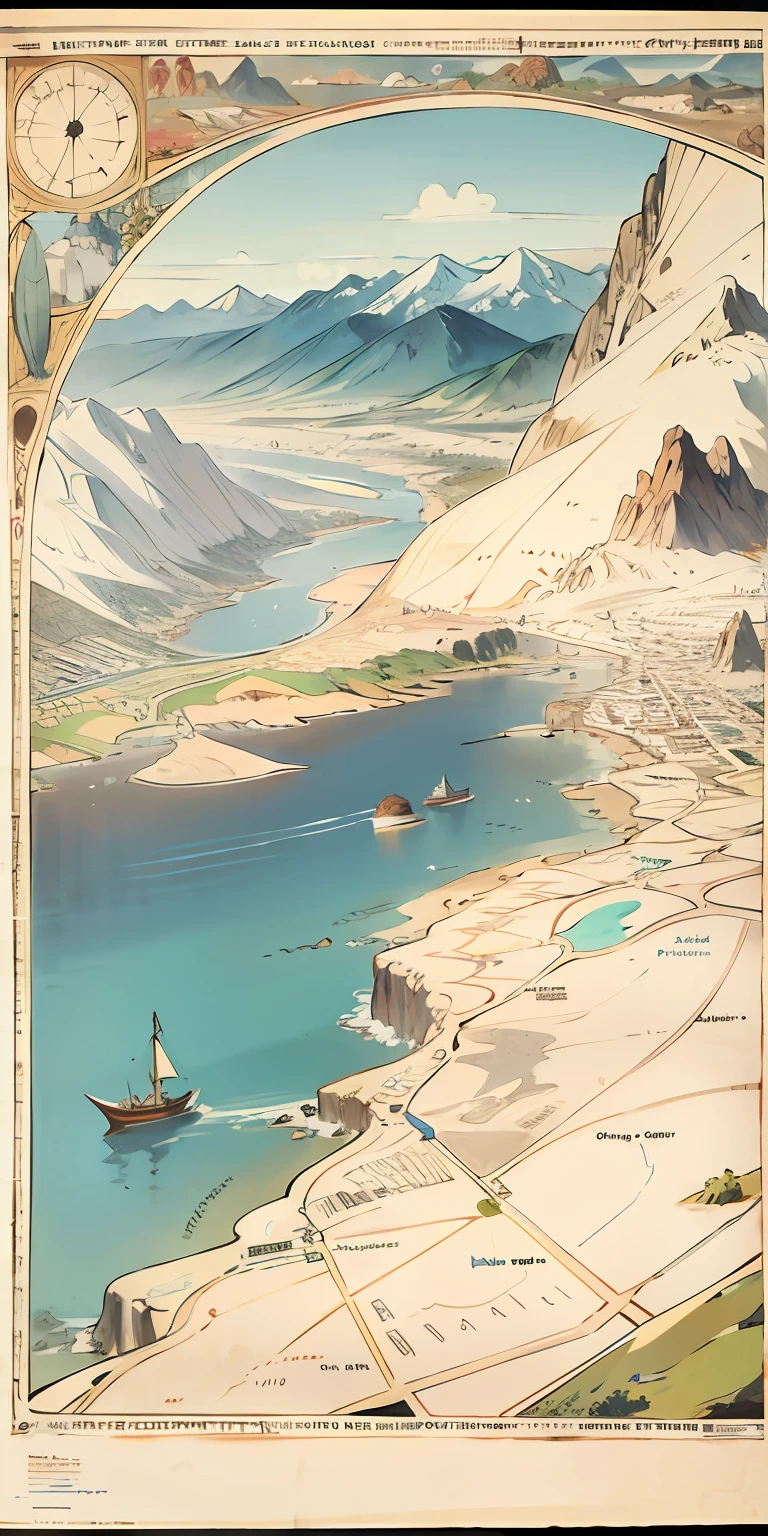 mappa,Retro,parchment,handpainted,filigree,mountain ranges,rios,the sea,Vintage map