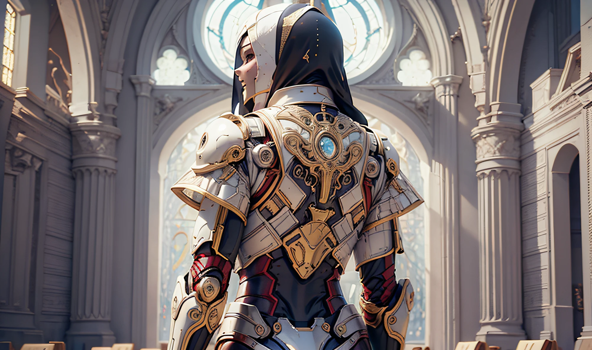 Iron Man armor like a nun, female, bust in armor, black and white, cross on body, divine white energy, background of a church, light from behind, afternoon, 8k, high quality, very detailed