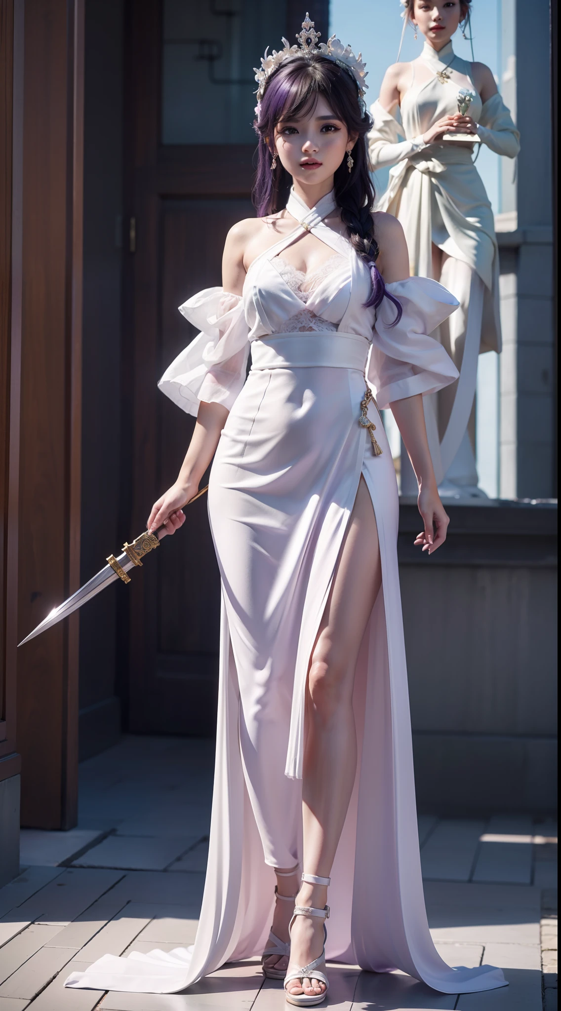 "Fiftida,Holding a statue of a woman dressed in white and purple,Gorgeous rendering details,3D character rendering,Detailed portrayal,8K分辨率,Standing posture,Weapon in hand,ninjartist。”