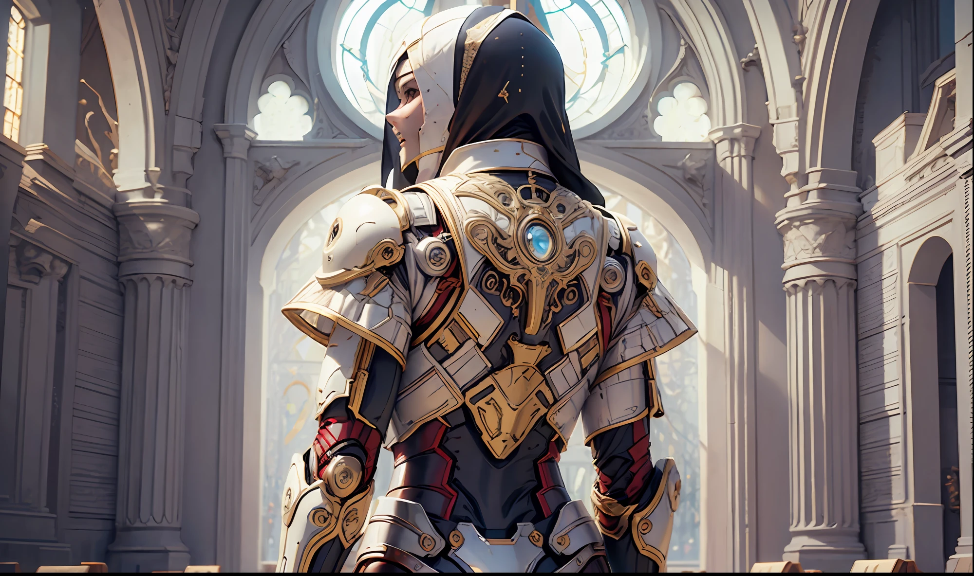 Iron Man armor like a nun, female, bust in armor, black and white, cross on body, divine white energy, background of a church, light from behind, afternoon, 8k, high quality, very detailed