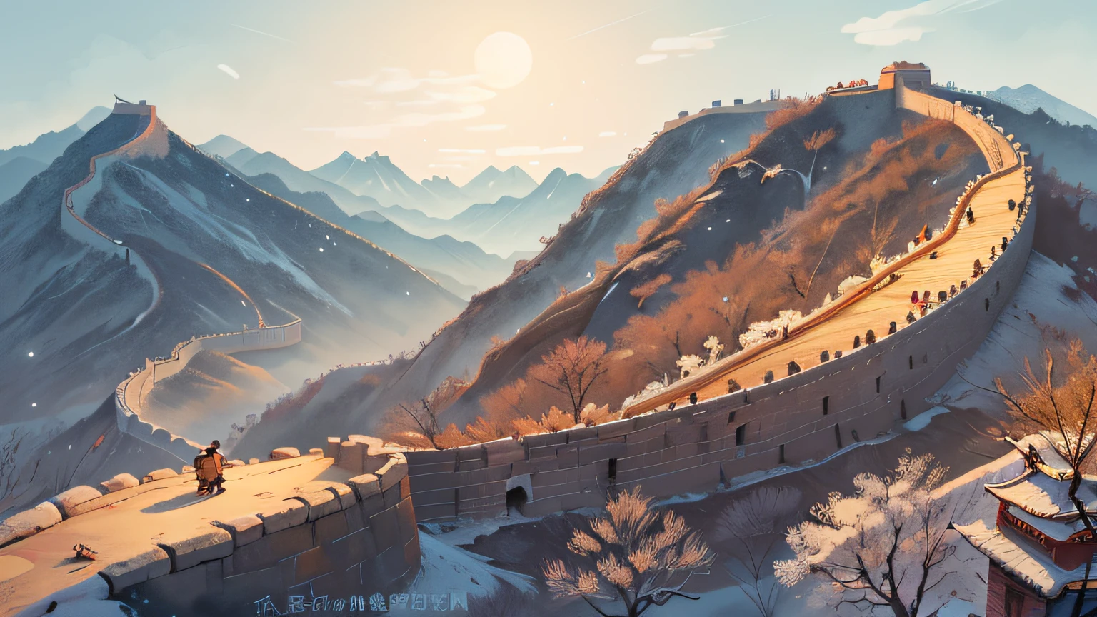 Guochao style,There is a beacon nearby,Great Wall painting with mountains as a background, Winters,the great wall,Warm background tone,beijing, the great wall, artwork in the style of z. background artwork, arte de fundo。