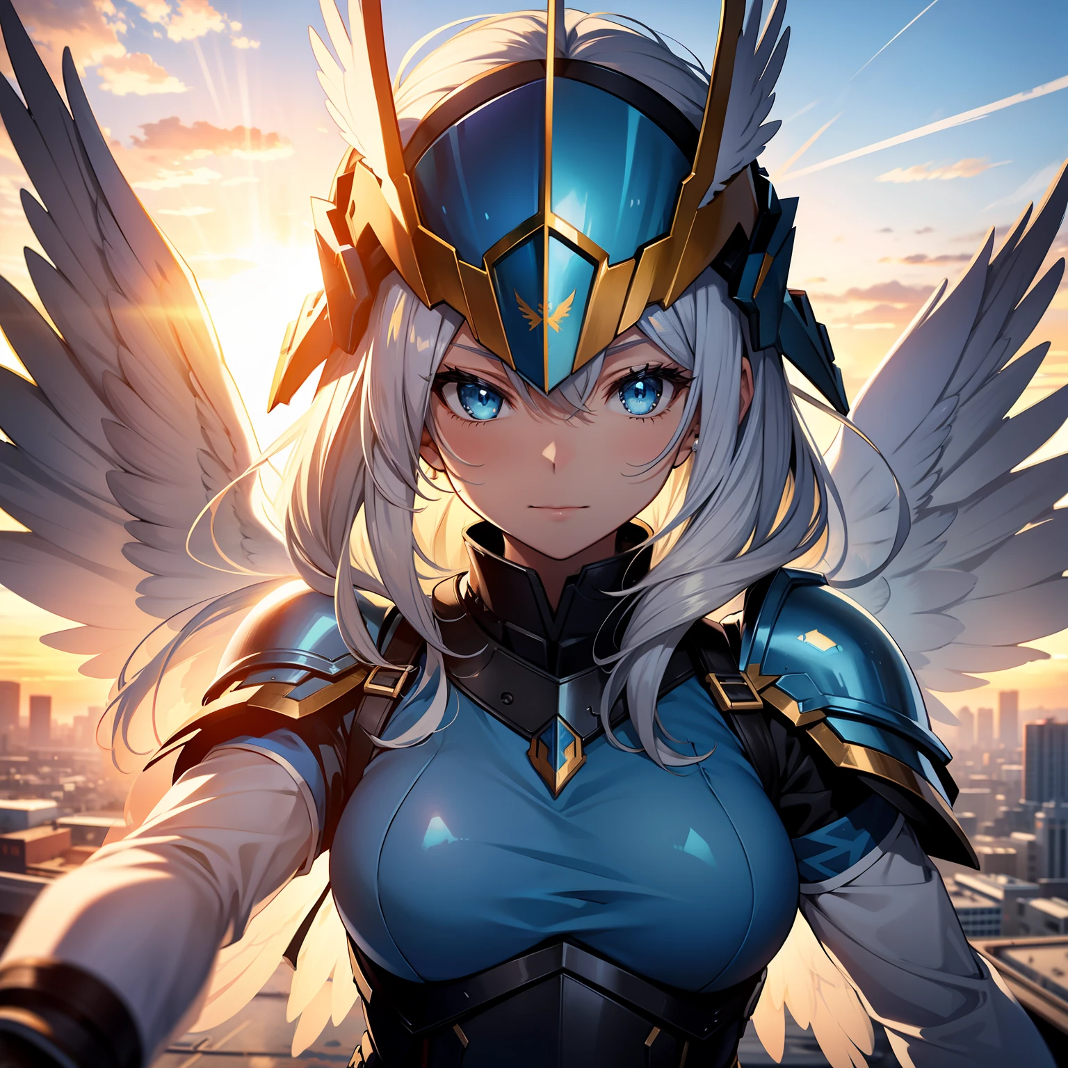 valkyrie, white hair, blue eyes, blue armor, wongs helmet, with white wings, reaching out to the viewer, in a sky, sunset, 4k, good anathomy