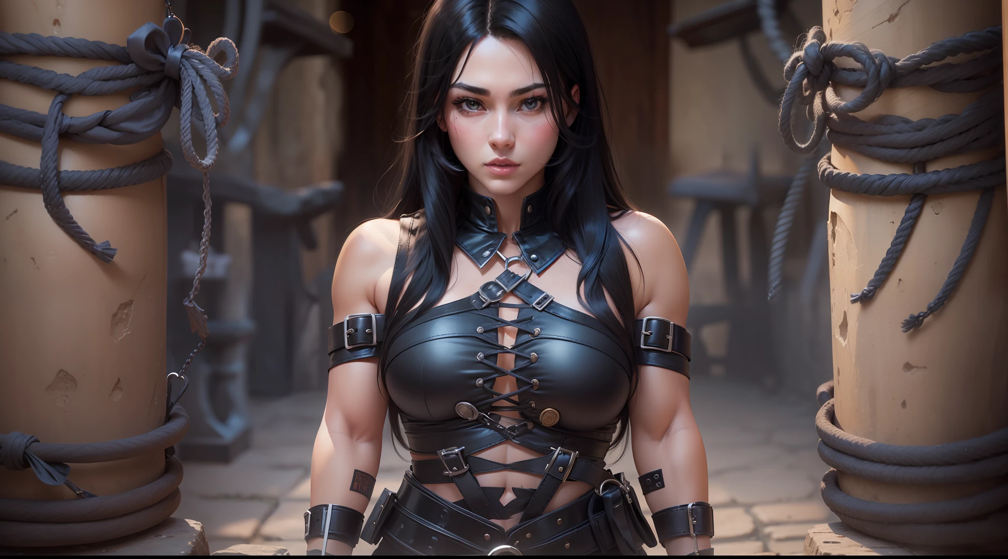 handsome girl, BDSM, Girl tied with belts, Stone Chamber, Sturdy straps, muscled body, lifelike skin, black hair, tmasterpiece, realistness,