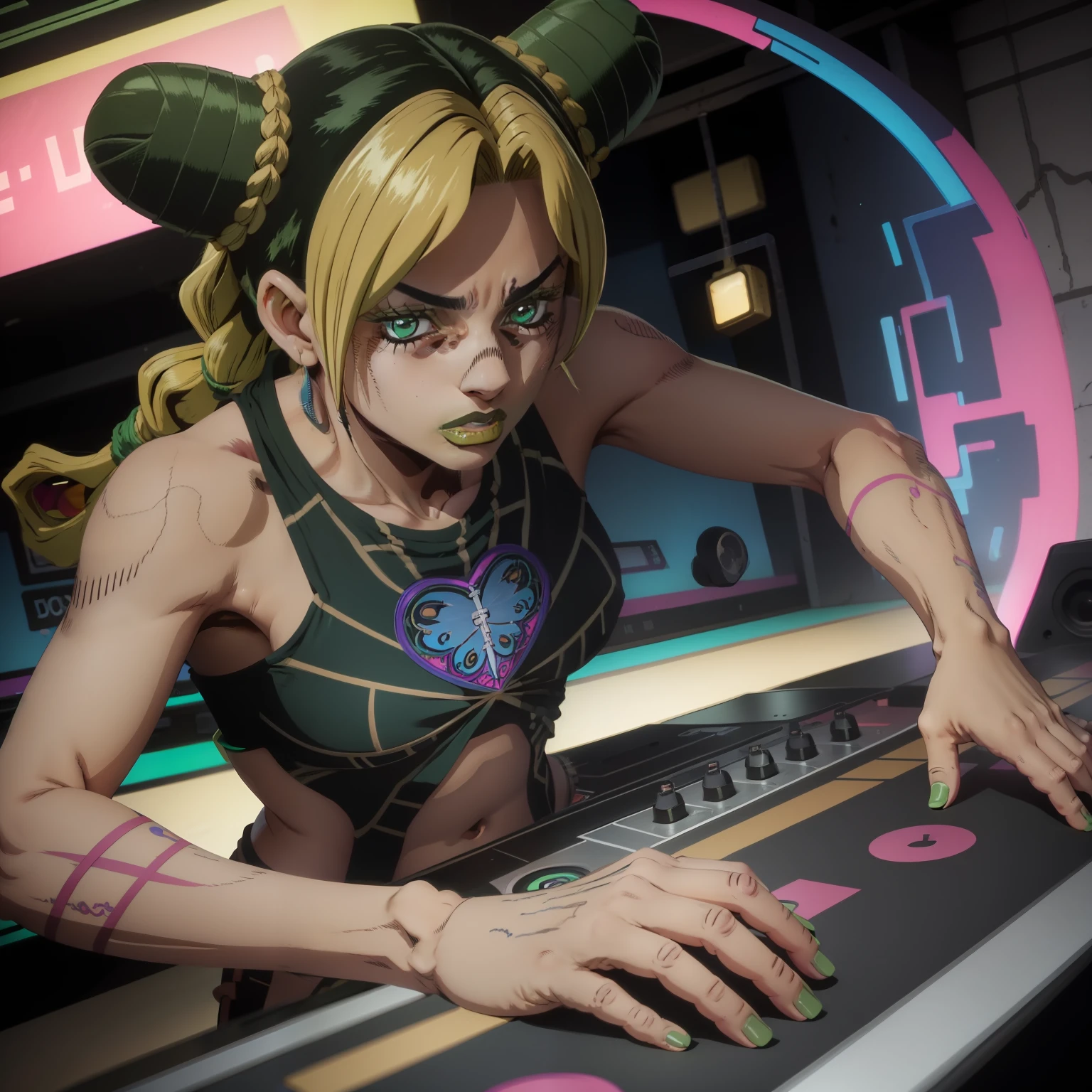 A solo shot featuring Jolyne_Anime a DJ, showcasing her skills on the turntables at a vibrant rave.