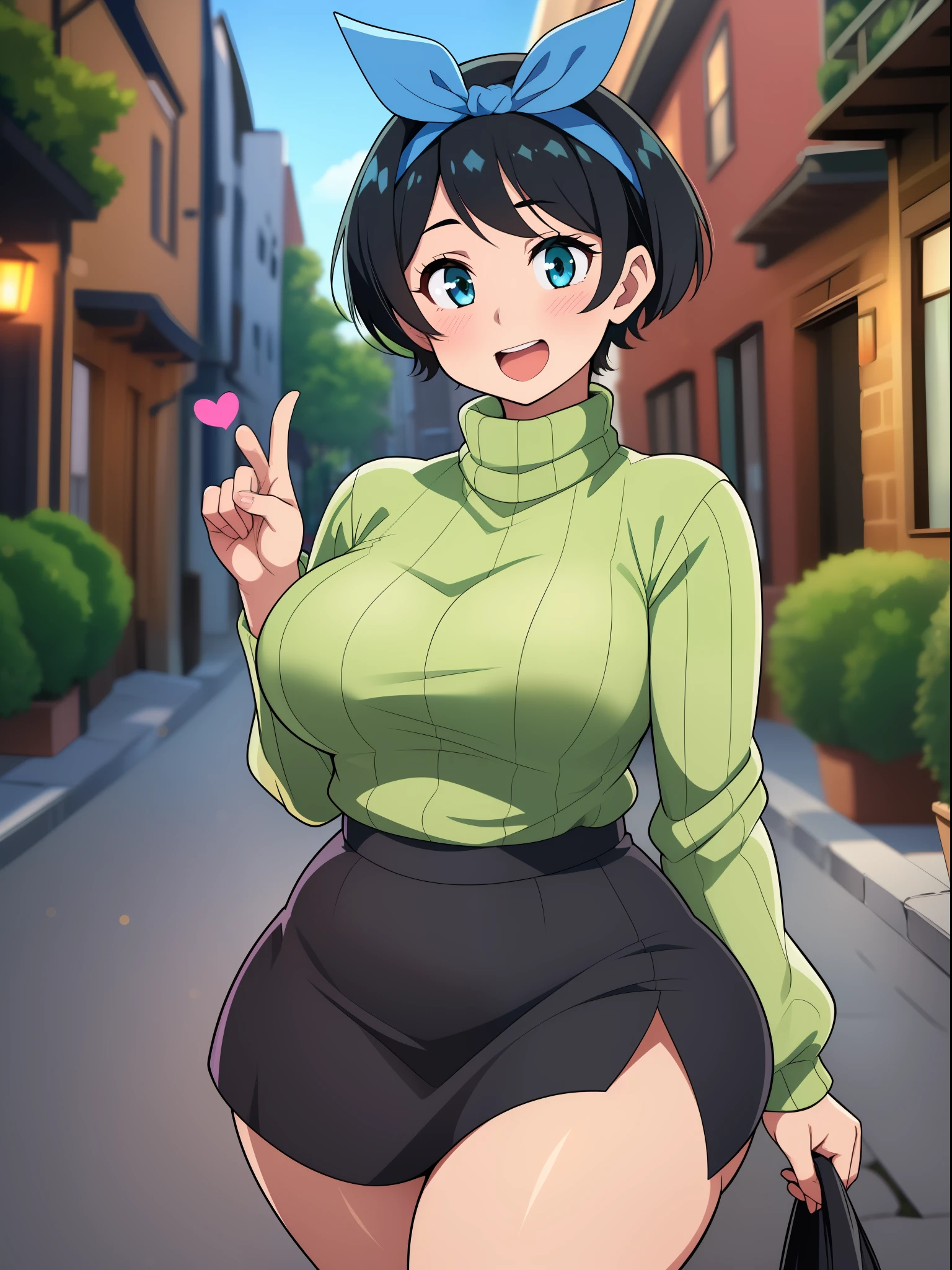 ((((kipteitei art)))), ((highres)),Masterpiece, high quality, best quality, beautiful, perfect lighting, detailed face, ultra cute face, ((1girl)), ((solo), ((((sarashina ruka)))), ((blue hairband)), ((tan turtle neck sweater)), ((black short skirt)), looking at viewer, cowboy shot, cute pose, sweet smile, affectionate, (blush), in love with viewer, cute, happy, medium breasts, perky breasts, (wide hips), ((thick thighs)), curvy, thicc, town, street,