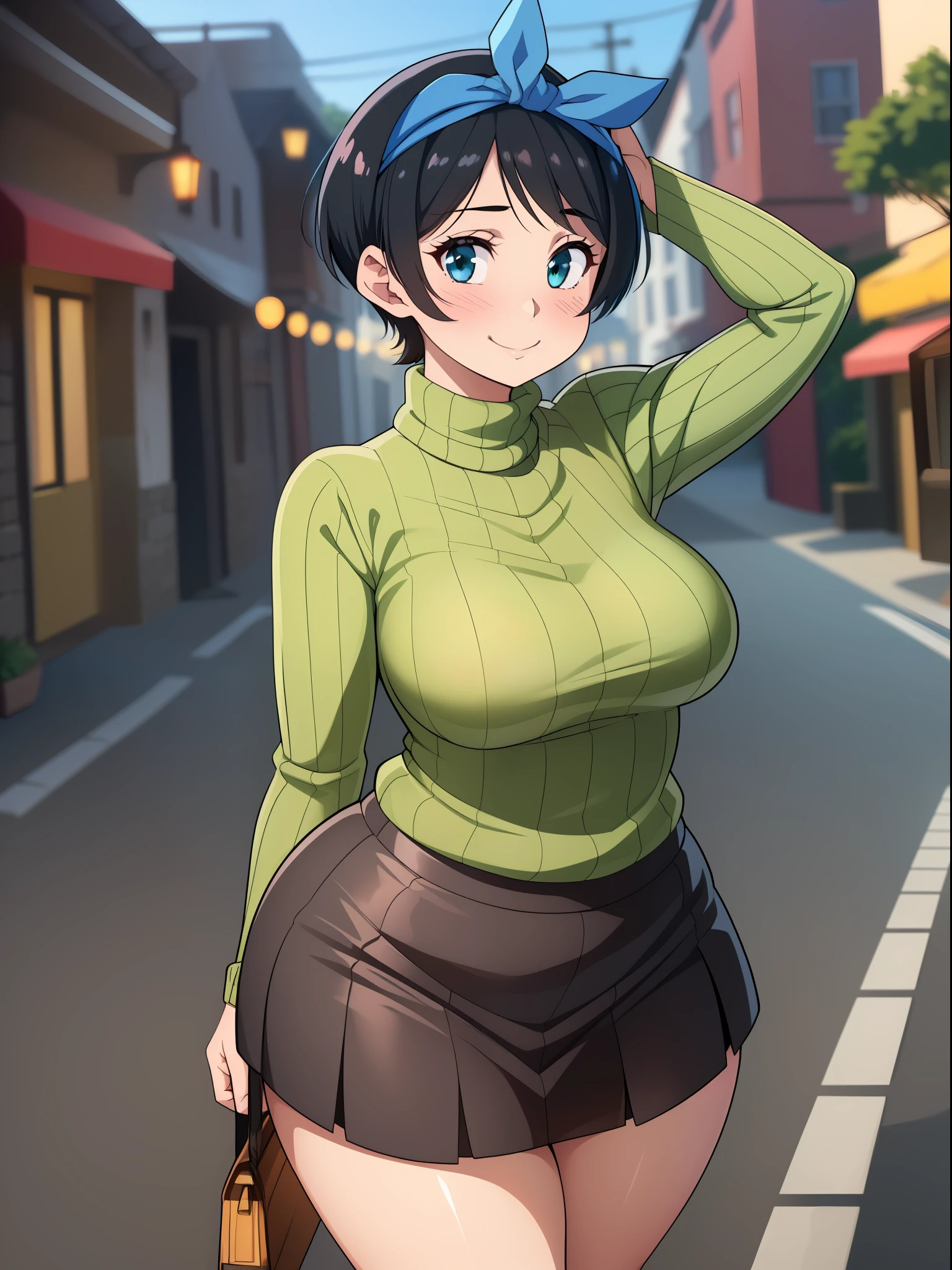 ((((kipteitei art)))), ((highres)),Masterpiece, high quality, best quality, beautiful, perfect lighting, detailed face, ultra cute face, ((1girl)), ((solo), ((((sarashina ruka)))), ((blue hairband)), ((tan turtle neck sweater)), ((black short skirt)), looking at viewer, cowboy shot, cute pose, sweet smile, affectionate, (blush), in love with viewer, cute, happy, medium breasts, perky breasts, (wide hips), ((thick thighs)), curvy, thicc, town, street,