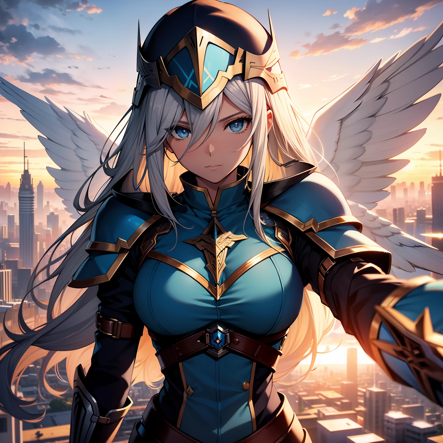 valkyrie, cabelos brancos, lenneth, valkyrie profile, olhos azuis, armadura azul, Capacete With wings, com duas asas brancas, Reaching for Viewer, in a sky, Sunset, 4k, boa anatomia