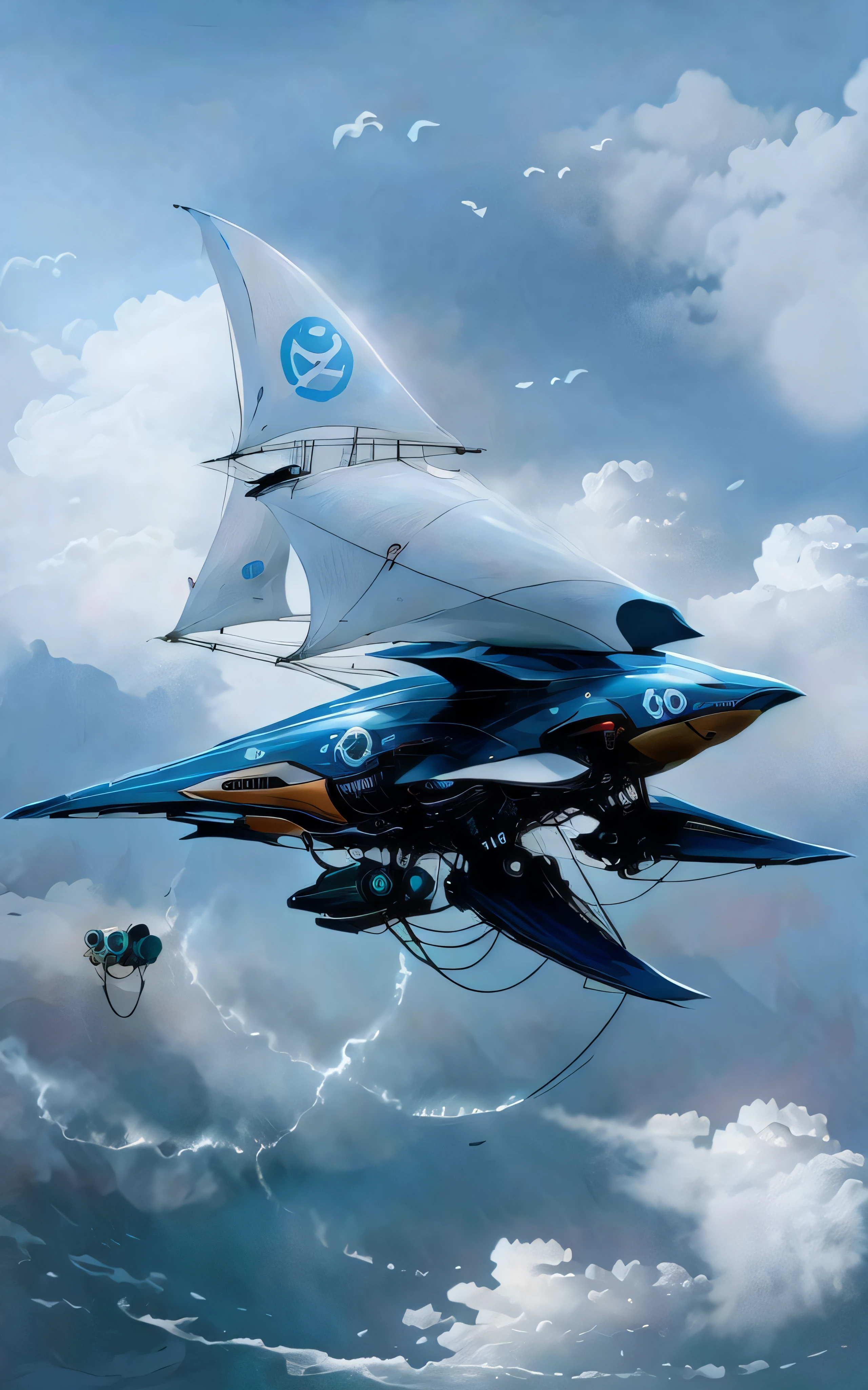 Barco de vela futurista volando entre las nubes rodeado de gaviotas y tiburones nadando en un mar embravecido con enormes olas