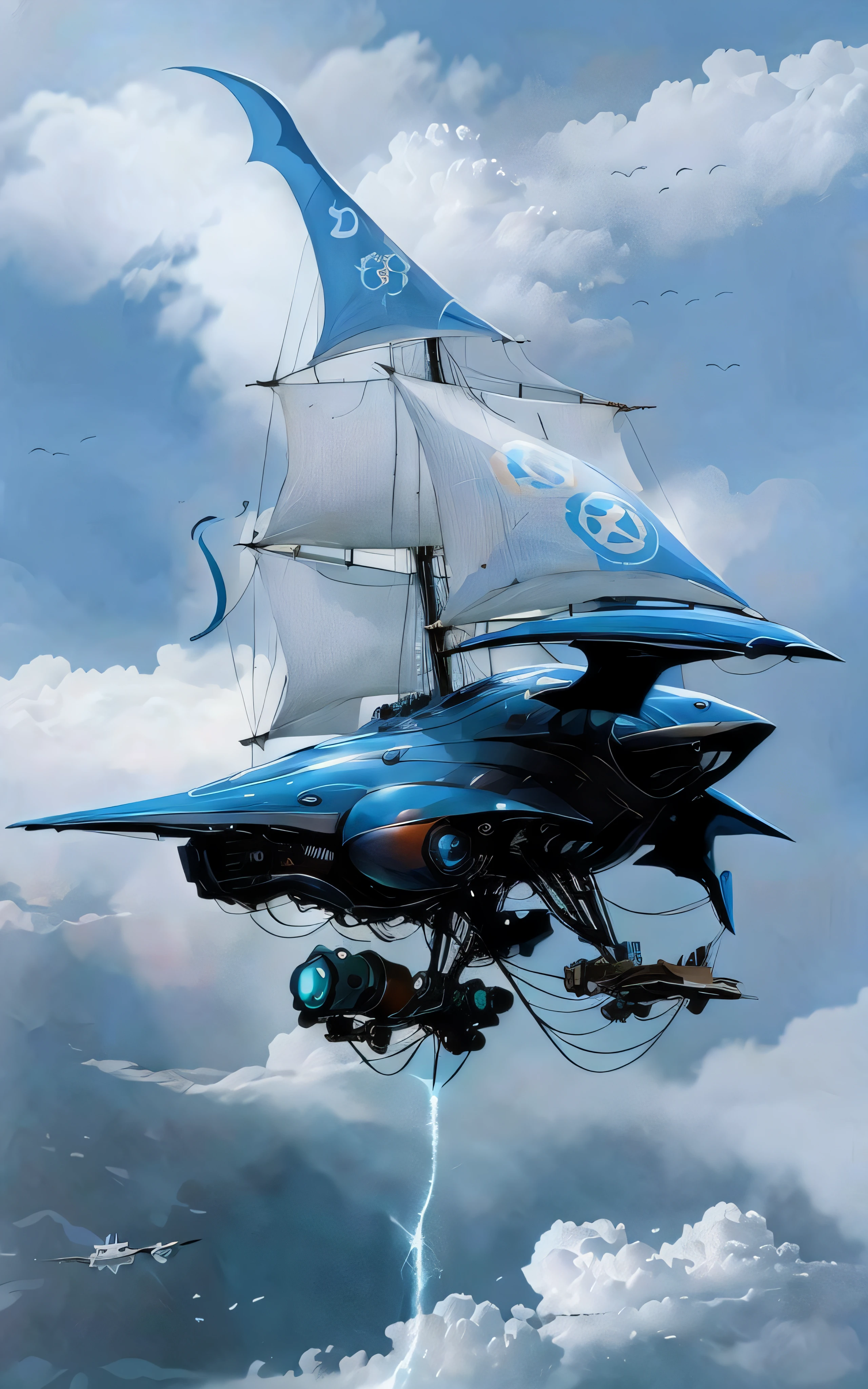 Barco de vela futurista volando entre las nubes rodeado de gaviotas y tiburones nadando en un mar embravecido con enormes olas