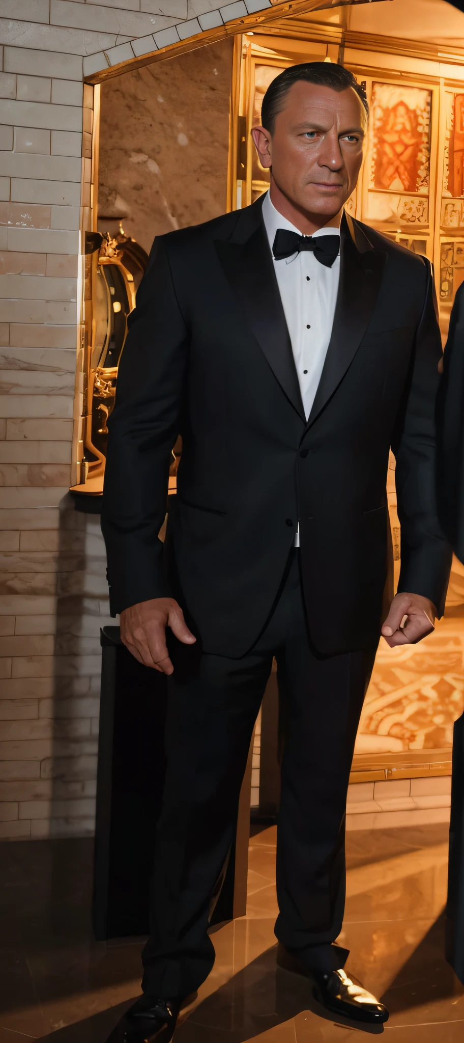 In the opening scene of the film "Casino Royale," the camera pans across a dimly lit casino room adorned with lavish golden décor. The ambiance is filled with anticipation and mystery, as elegant men and women mingle amidst the roulette tables and slot machines. Suddenly, our gaze is drawn towards a secluded corner where a dapper figure stands, his back turned to us.
As the camera zooms in, we see the enigmatic Agent 007, played by Craig, exuding an air of unrivaled confidence. His tailored black tuxedo fits him perfectly, the fabric shimmering under the warm glow of the chandeliers above. Tension builds as he slowly turns around, revealing piercing blue eyes that speak volumes of his unwavering determination.
Intricately placed strands of his jet-black hair fall gracefully across his forehead, enhancing his rugged charm. Every feature on his face reflects a man accustomed to danger, from the chiseled jawline to the well-groomed stubble that adds a touch of rugged allure.
Close-up shots reveal his left hand, firmly gripping a crystal-clear martini glass, condensation gently trickling down its sides. A single olive, impeccably placed on a toothpick, adds a subtle yet sophisticated detail to the composition. The reflection of the casino's neon lights shimmers in the glass, mirroring the vibrant energy that surrounds him.
In the background, a roulette wheel spins gracefully, its metallic sound mixing with the murmurs of excitement from the crowd. The scene seamlessly captures the essence of high-stakes gambling, with Craig's portrayal of Agent 007 as the enigmatic figure who effortlessly navigates this world of intrigue and risk.
The image, reminiscent of a classic oil painting, invites the viewer to immerse themselves in the realm of espionage and adventure. It encapsulates the allure of Bond, highlighting both the sophistication and danger that define his character. This cinematic masterpiece blends the artistic elements of classical paintings with the gritty re