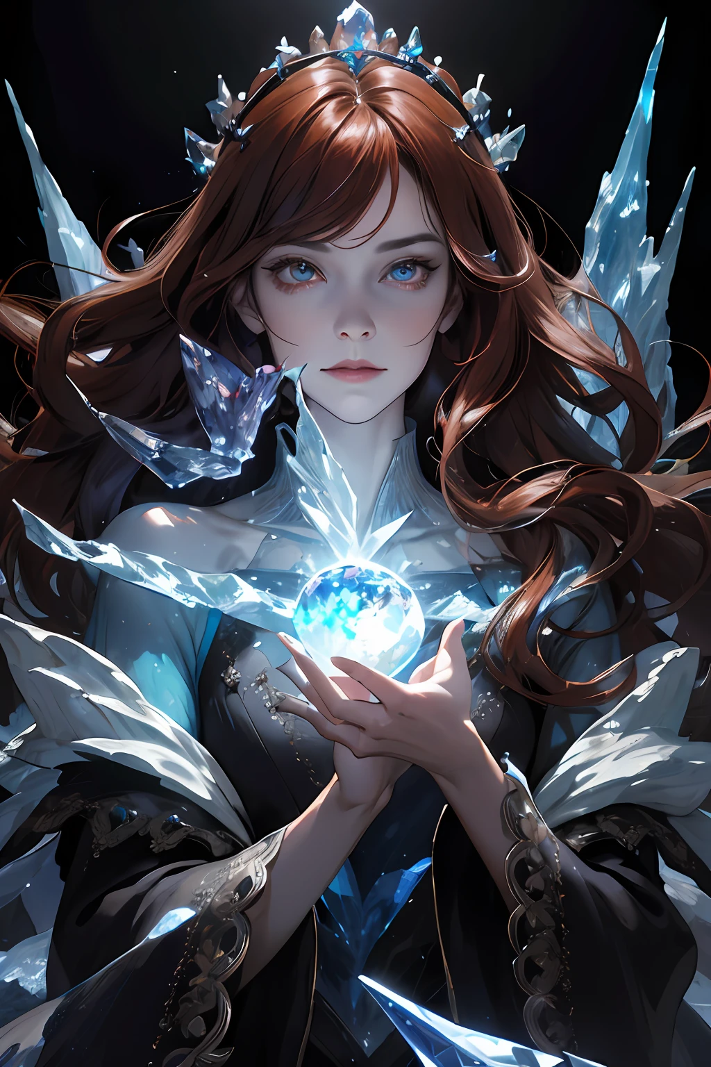 (absurdres, highres, ultra detailed), 1woman, mature female, aged up, wavy long hair, auburn hair, coral eyes, bangs, long sleeves, finely detailed eyes and detailed face, extremely detailed CG unity 8k wallpaper, intricate details, (style-swirlmagic:1.0), looking at viewer, solo, upper body, detailed background, close up, detailed face, (gothic dark ages theme:1.1), crystal sorcerer, dynamic pose, earth themed clothes, crystal crown, floating in the air, glowing magical shards, surrounded by blue magical crystals, rock formations, stalactites, magical floating particles, crystal glass, crystal sphere, crystal canyon background, (shallow water:0.7), epic ethereal atmosphere, updraft,, portrait