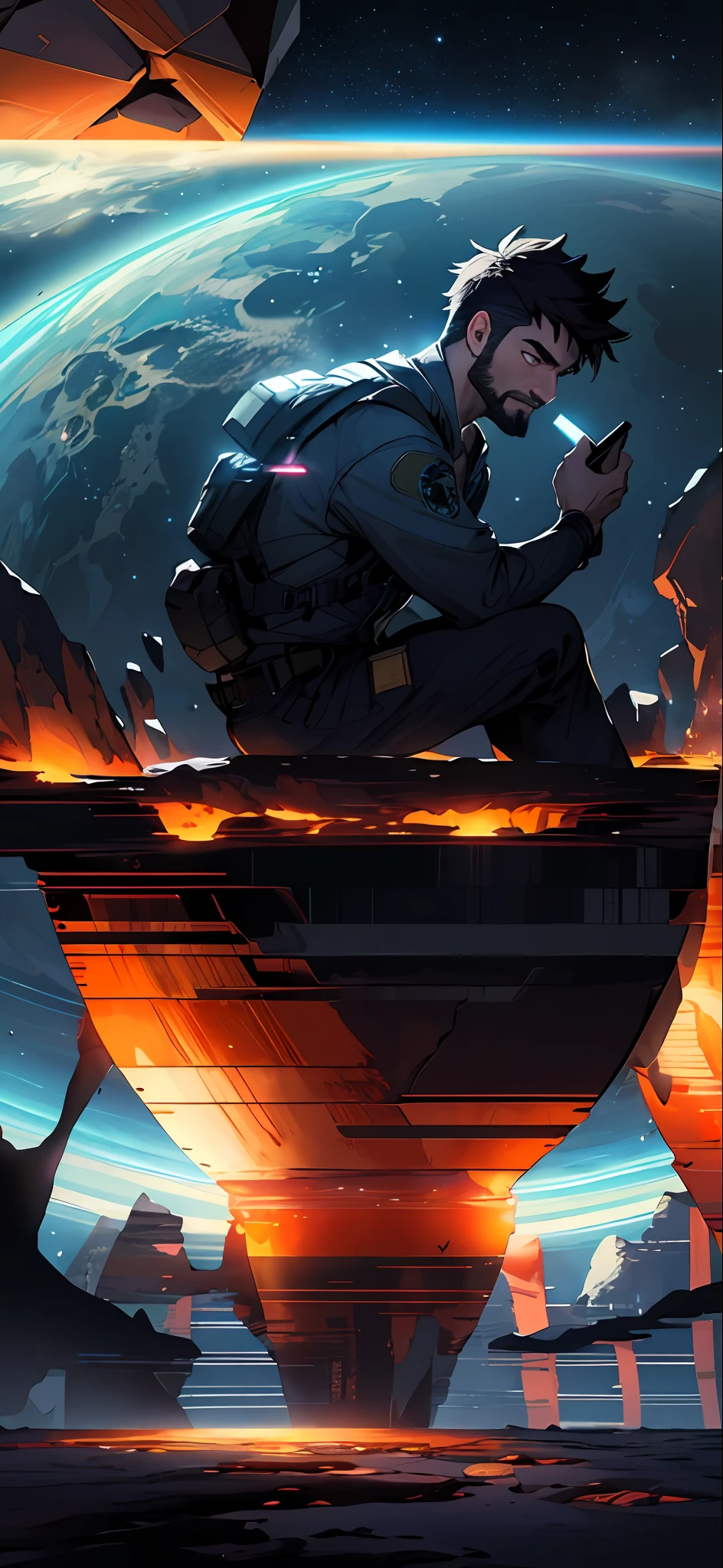Draw a young programmer, sitting on a research platform floating in the middle of an asteroid belt. He is studying with a notebook, surrounded by several asteroids glowing with fiery auras. Dramatic lighting from distant stars and planets illuminates the scene, casting deep shadows on the suit. The young man looks confident and determined, looking at the vast and mysterious universe with wonder and respect,facial hair, cowboy shot,