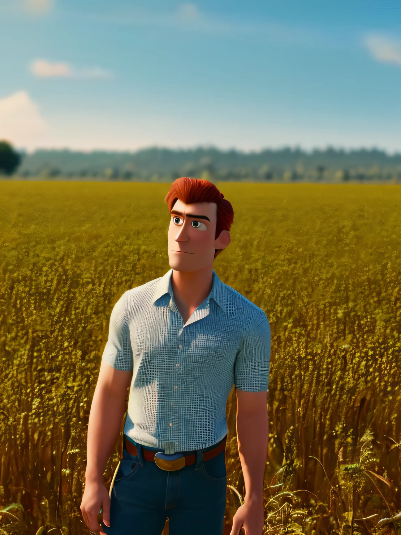 arafed man standing in a field with his shirt off, athletic tall handsome, red hair, pixar style movie character