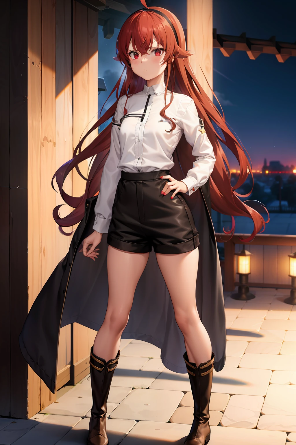 eris greyrat, 1girl, bangs, black hairband, black shorts, black socks, boots, brown footwear, coat, dress shirt, full body, hair between eyes, hairband, knee boots, long hair, long sleeves, outdoors, red eyes, red hair, shirt, short shorts, shorts, sky, socks, solo, star \(sky\), starry sky, very long hair, white shirt, absurdres, highres, konbanwa01, mushoku tensei, thighs