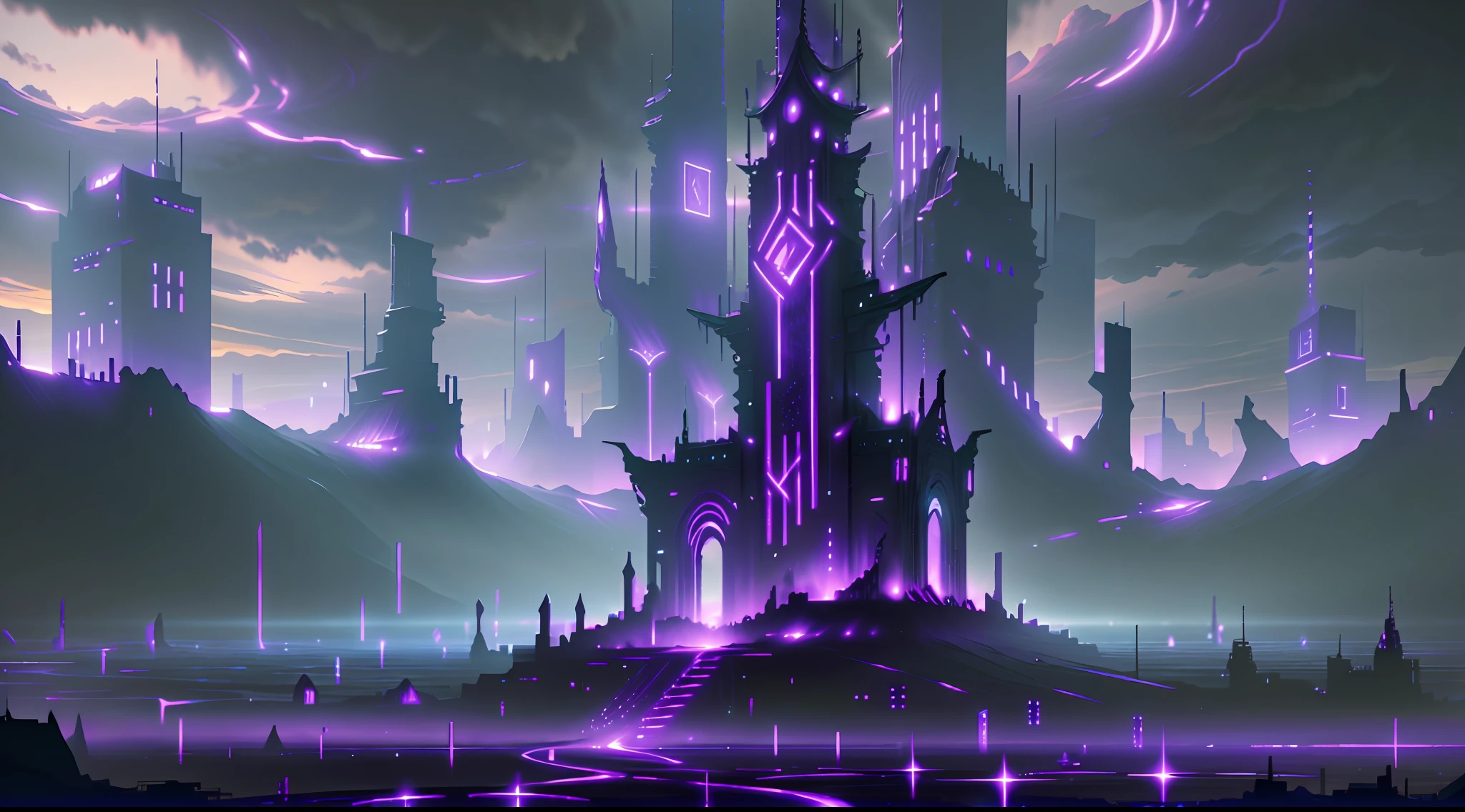 "Shining RunesAI_Purple cityscape"