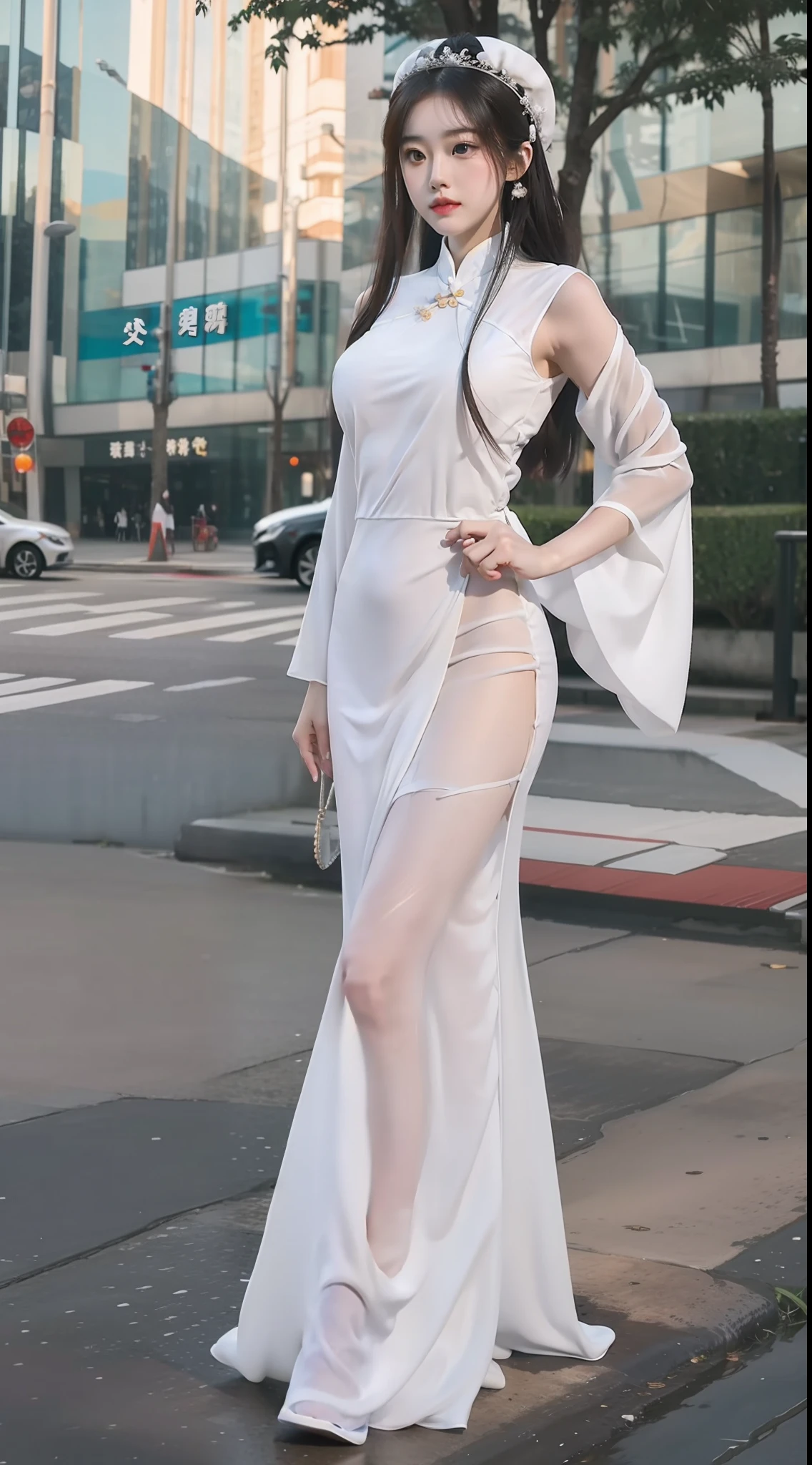 there is a woman in a white dress holding a knife, White Hanfu, Irelia from League of Legends, Irelia, smooth white tight clothes suit, full-body xianxia, tall thin beautiful goddess, Cheongsam, ancient white dress, dressed in a beautiful white, Japanese goddess, Inspired by Lan Ying, trending on cgstation, gorgeous chinese models