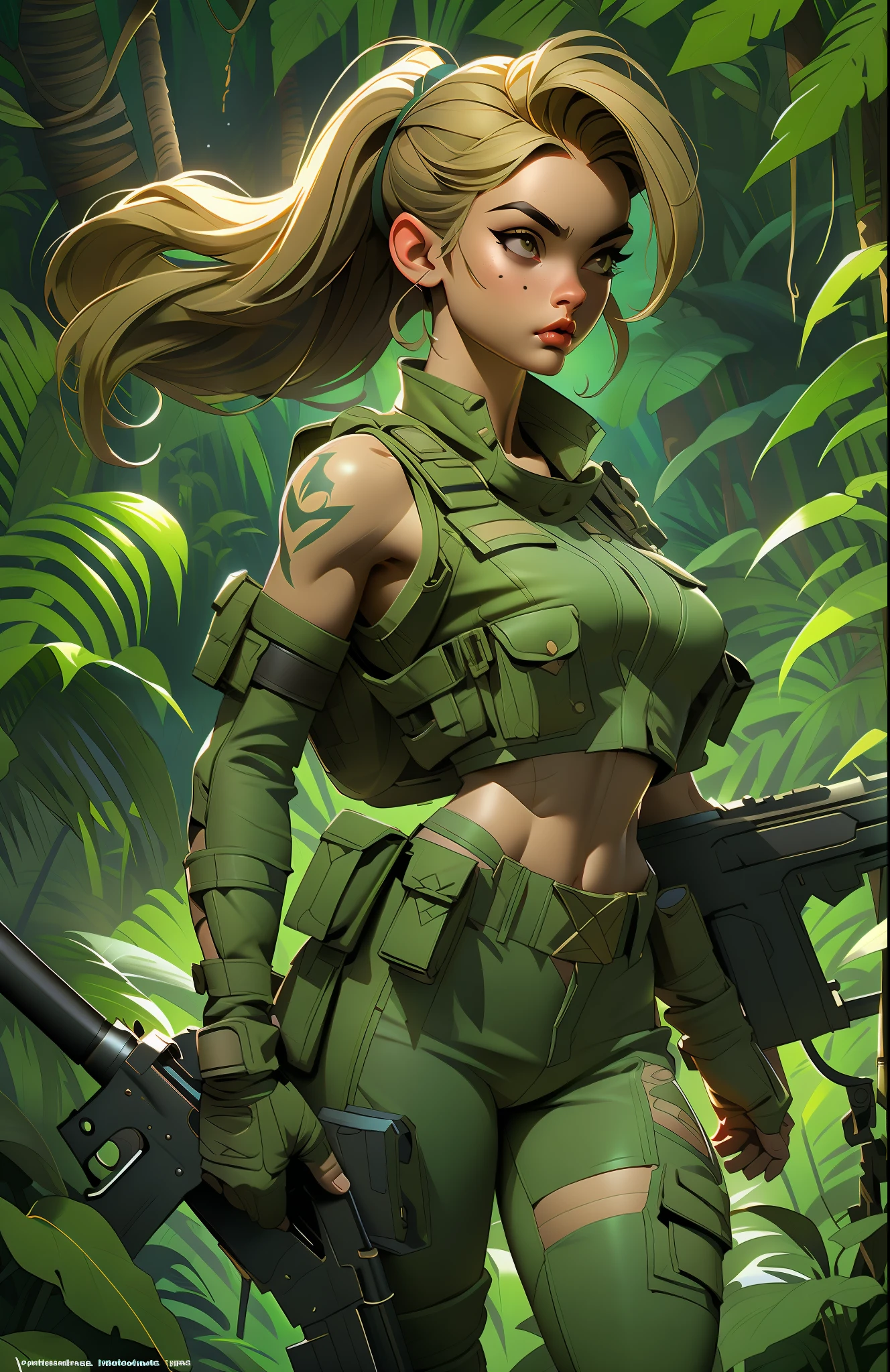 Gorgeous and fearless female soldier, fit body, military cropped top, bare shoulders, dark blond hair, tattoo arm, holding big gun, running, looking at distance, sun rays, (((jungle background))), full detail face,  killing eyes, high detail, realistic, photo quality, high quality,  (photorealistic:1.6), highly detailed, masterpiece, High-quality shadow,