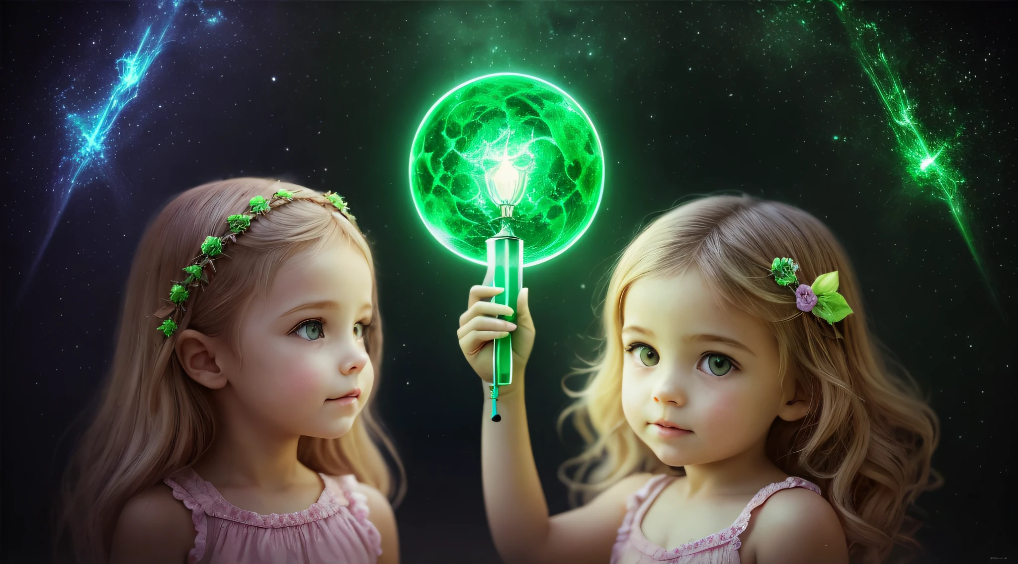 There's a S KIDS BLONDIES holding a lamp in her hand, verde brilhante, brilho verde, green lighting, brilho verde, photo manipulation, Magia Verde, he is casting a lighting spell, luz verde, energia verde, neon verde, Aura verde, littlemagical powers, amazing color photograph, Luz ambiente verde, brilho radioativo verde, photo - manipulation, amazing photo