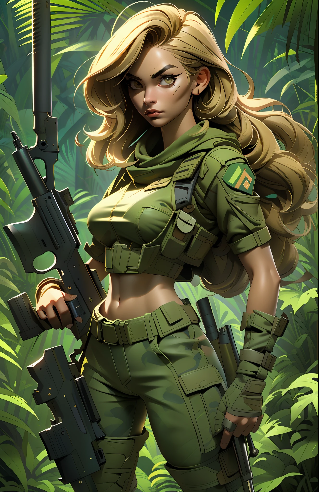 Gorgeous and fearless female soldier, fit body, military cropped top, bare shoulders, dark blond hair, tattoo arm, holding big gun, running, looking at distance, sun rays, (((jungle background))), full detail face,  killing eyes, high detail, realistic, photo quality, high quality,  (photorealistic:1.6), highly detailed, masterpiece, High-quality shadow,