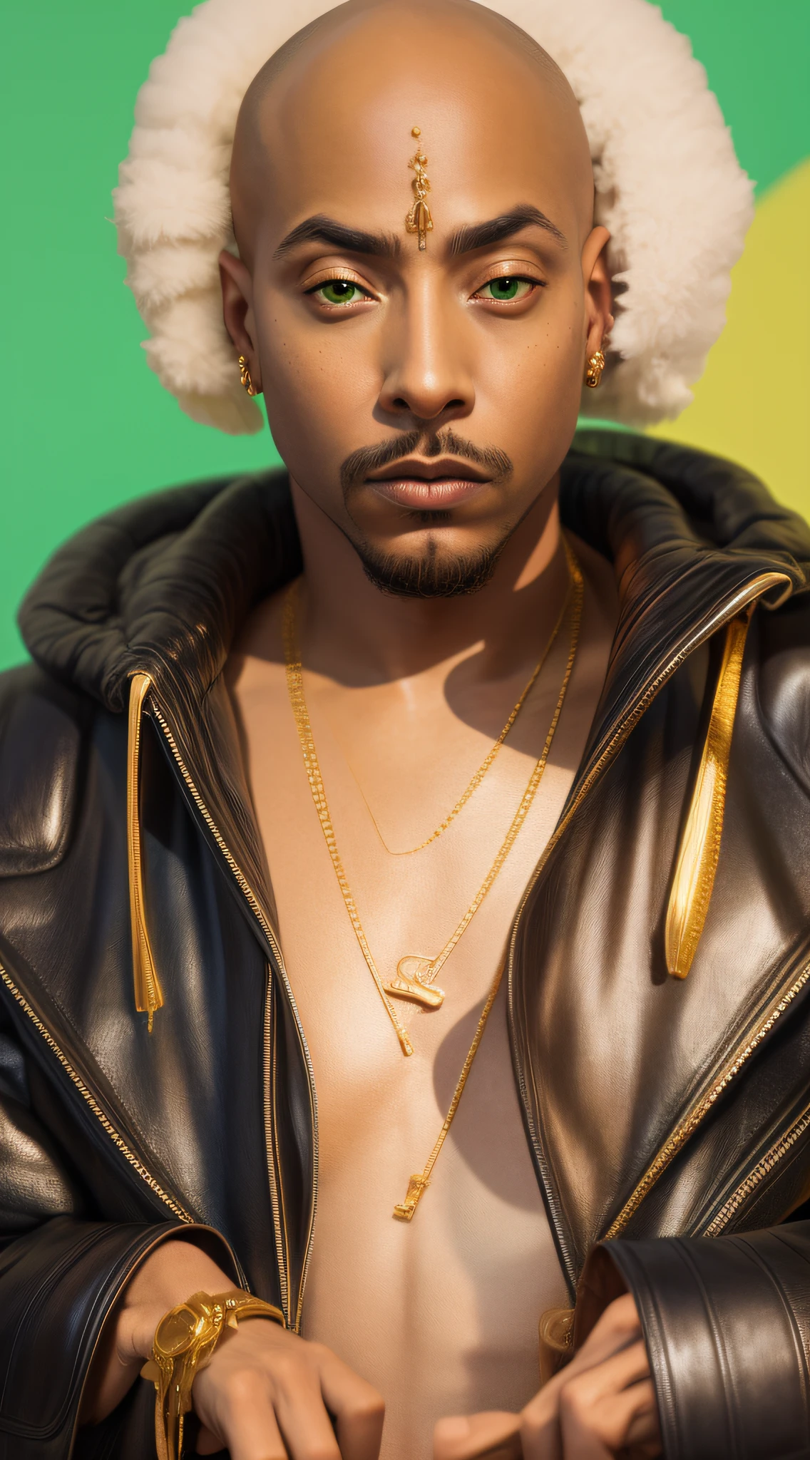 1rapper with Bald hair, T Pose, Green background, modern mink Fur Jacket (Gucci) (Fendi) (H R Gigger), High End Luxury Fashion, Lots of GOld Chains Jewelry and Diamonds, fog, detailed and realistic image, amazing composition with vintage scenery with abstract shapes, abstract minimalist background with tentacles, melt, drip, yoshitomo nara:1.5, wes anderson:1.3, new casualism, retro, minimalism,BiopunkAI