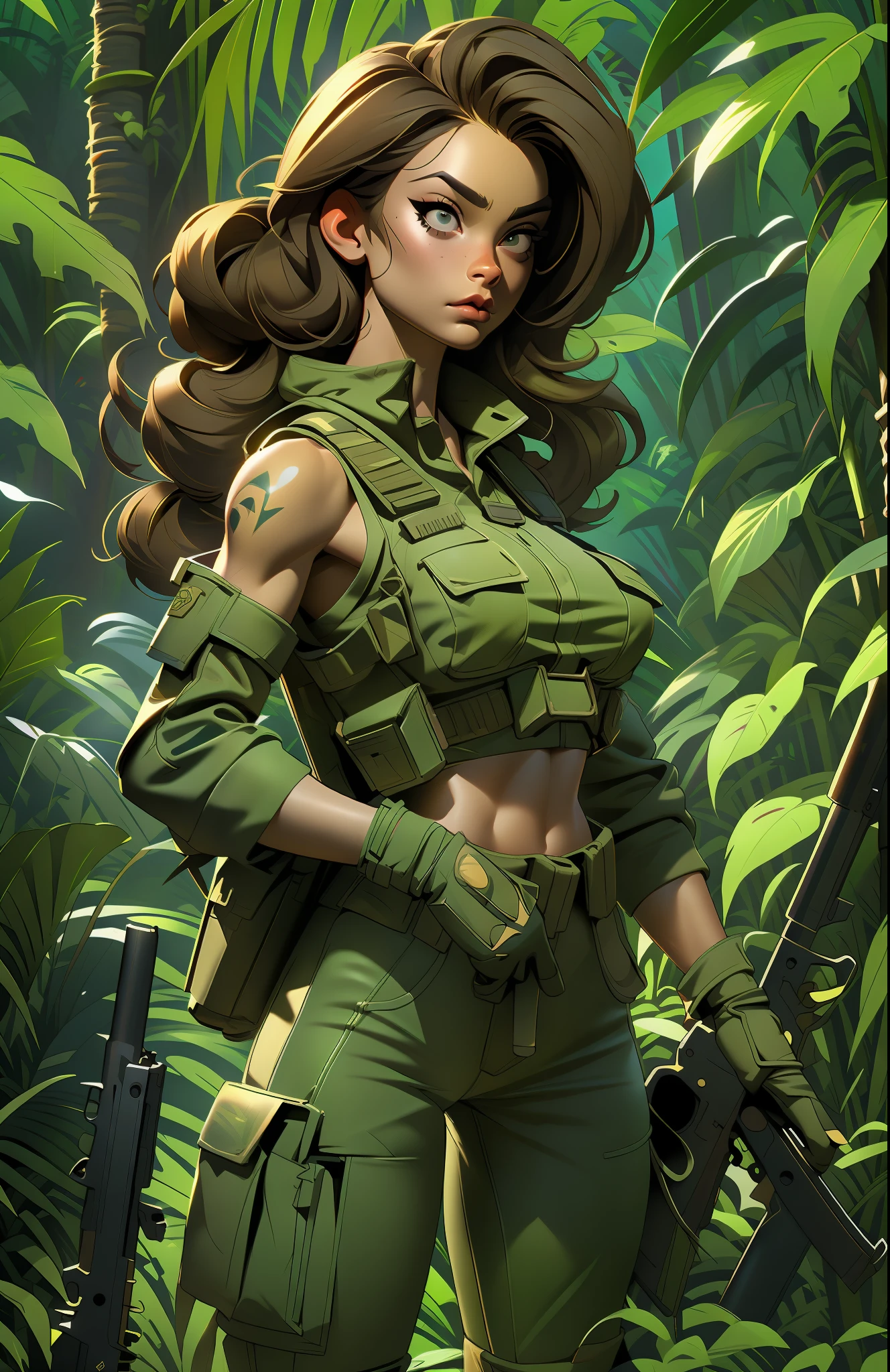 Gorgeous and fearless female soldier, fit body, military cropped top, bare shoulders, dark blond hair, tattoo arm, holding big gun, running, looking at distance, sun rays, (((jungle background))), full detail face,  killing eyes, high detail, realistic, photo quality, high quality,  (photorealistic:1.6), highly detailed, masterpiece, High-quality shadow,