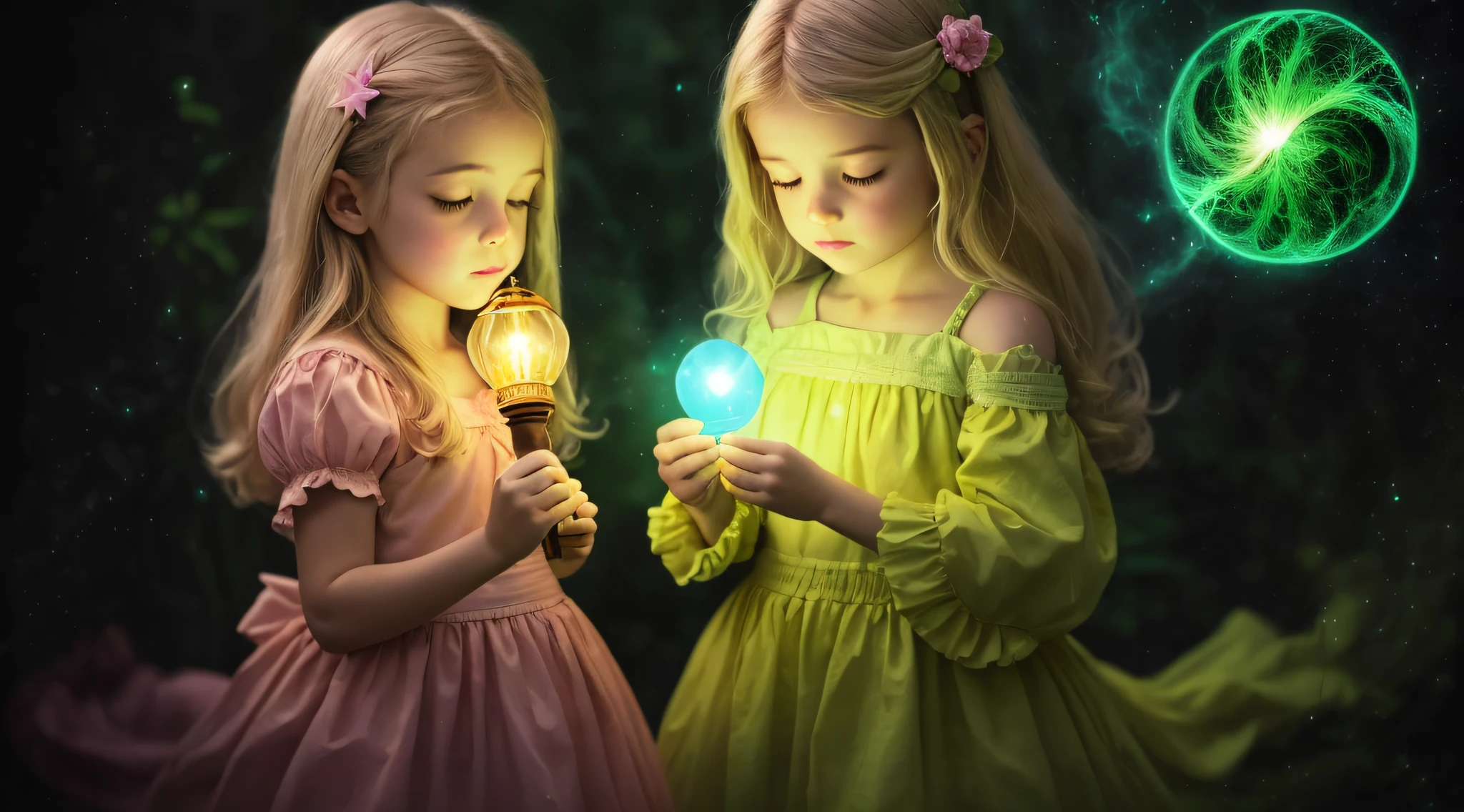 There's a meNINAS KIDS BLONDIES holding a lamp in her hand, verde brilhante, brilho verde, green lighting, brilho verde, photo manipulation, Magia Verde, he is casting a lighting spell, luz verde, energia verde, neon verde, Aura verde, girl with magical powers, amazing color photograph, Luz ambiente verde, brilho radioativo verde, photo - manipulation, amazing photo