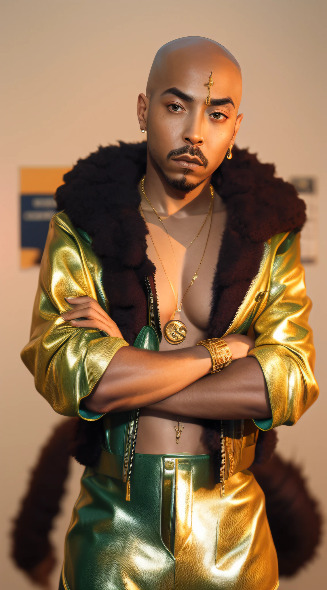 1rapper with Bald hair, T Pose, Green background, modern mink Fur Jacket (Gucci) (Fendi) (H R Gigger), High End Luxury Fashion, Lots of GOld Chains Jewelry and Diamonds, fog, detailed and realistic image, amazing composition with vintage scenery with abstract shapes, abstract minimalist background with tentacles, melt, drip, yoshitomo nara:1.5, wes anderson:1.3, new casualism, retro, minimalism,BiopunkAI