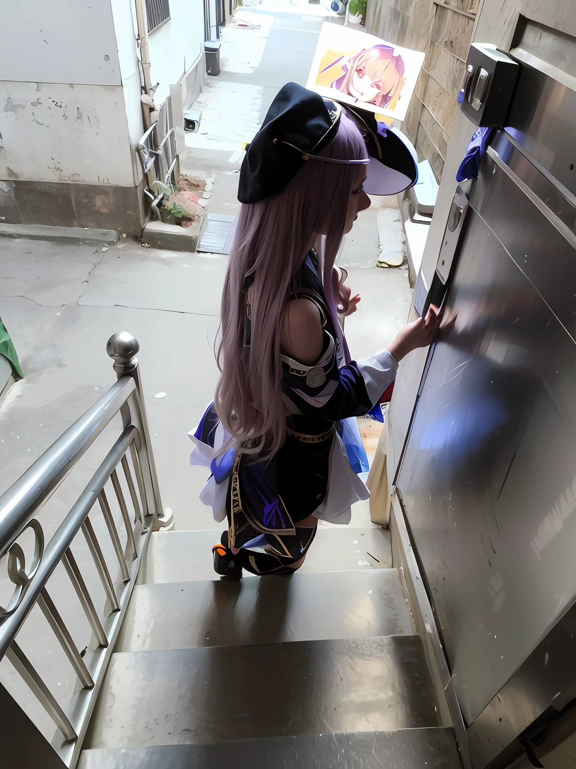 Alafi in costume stood on a set of stairs, Anime girl cosplay, the anime girl is crouching, Anime cosplay, cosplay foto, cosplay of a catboy! maid! dress, Ayaka cosplay, cosplay, rpgmaker, Anime girl in real life, professional cosplay, realistic cosplay, black and violet costume, lollipop, full-cosplay