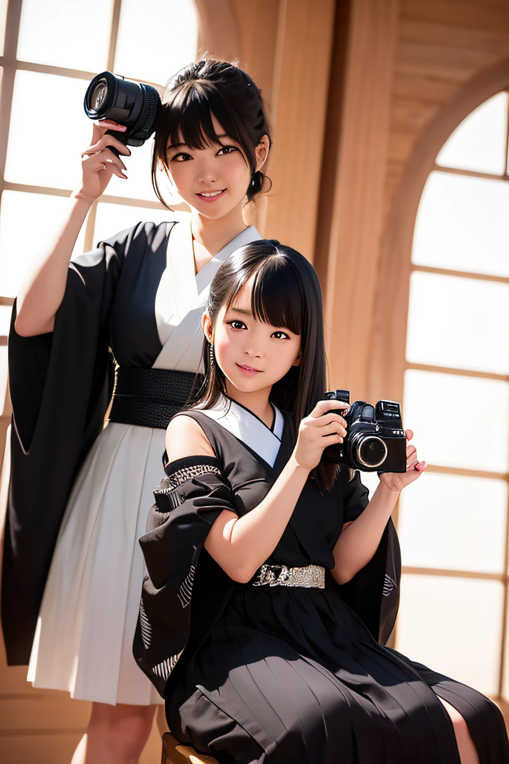 There was a woman and a girl taking pictures, Photo taken with Nikon D 7 5 0, Photo taken with Nikon D750, two japanese schoolgirls posing, taken with canon eos 5 d mark iv, close - up studio photo, photo taken with canon 5d, DSLR photo, marketing photo, taken with canon eos 5 d, product introduction photos
