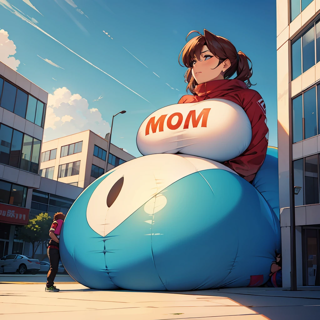 Mom gets inflatable getting bigger, but she tries to hide from her son because she doesn't want her son to see her so big