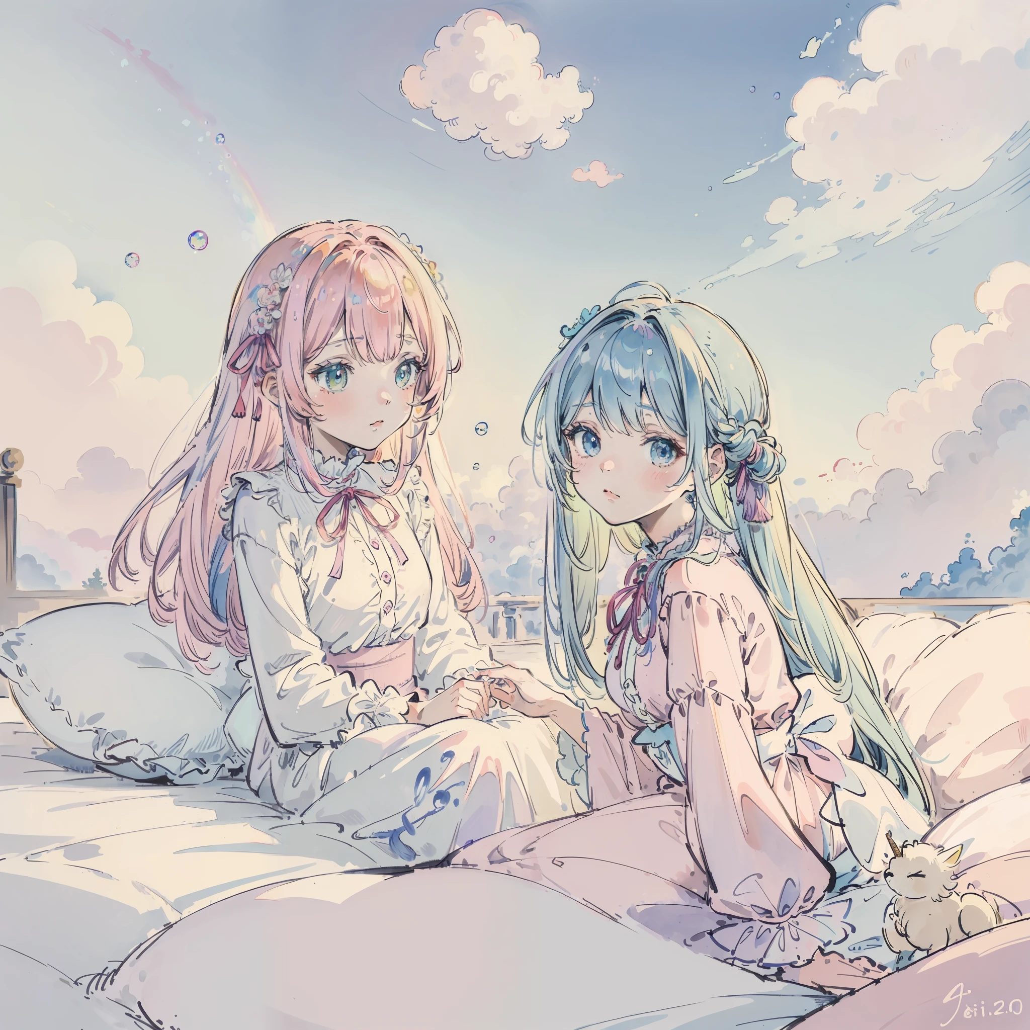 Yumekawa, dreamily cute, pale, moya, (masterpiece, highest quality, highest quality, watercolor (medium), official art, beautiful and aesthetic: 1.2), (two beautiful girls: 1.3), upper body, flirting, lesbian, ta fashion, lolilooking viewer, pattern, (iridescent hair, colorful hair, half blue and half pink hair: 1.2), soap bubbles, rainbow behind, clouds, colorful, soap bubbles, hair spread all over, cute, pastel, big ribbon, cute room, rainbow color unicorn plushie, sleeping on bed