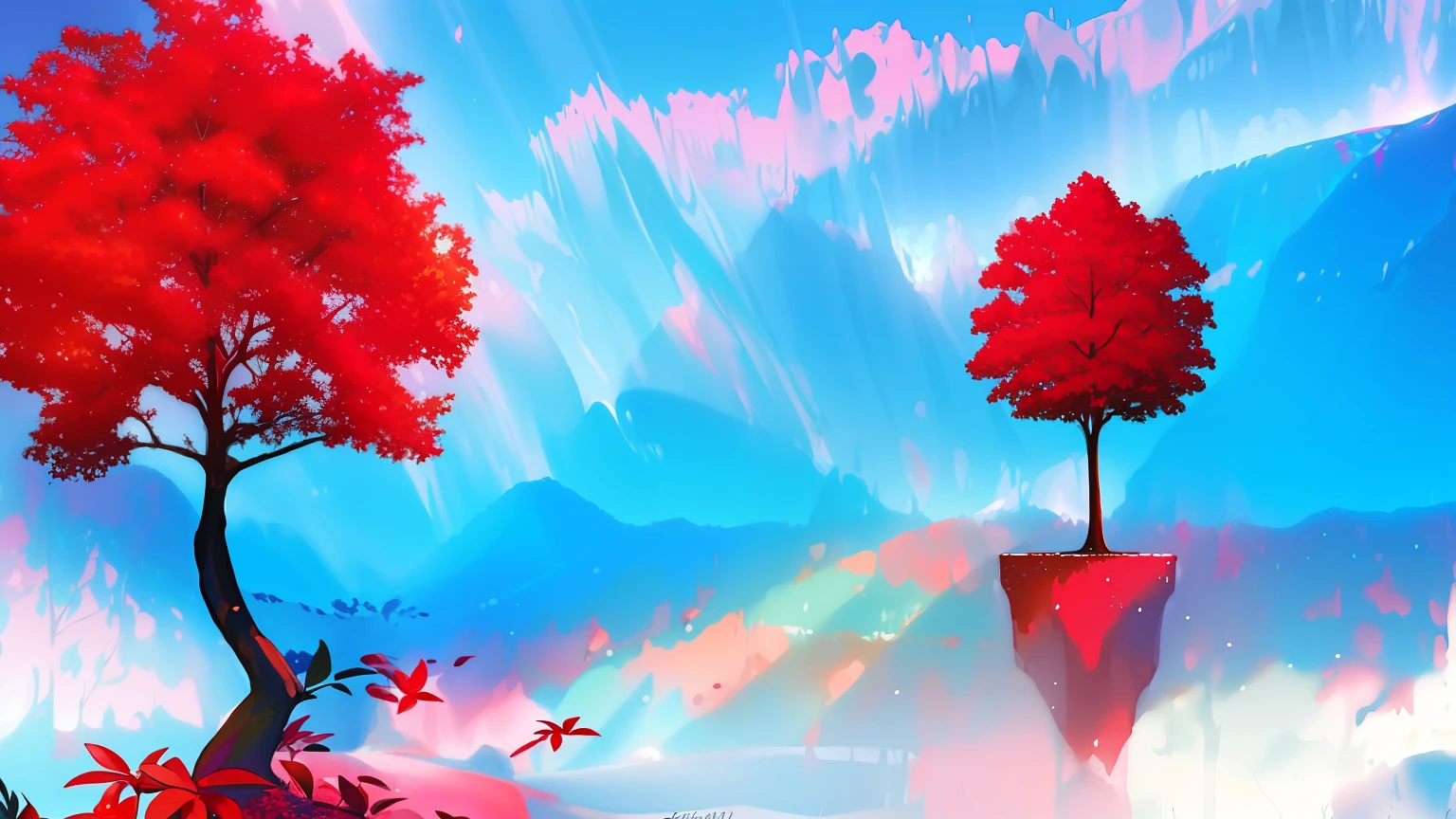 Duas sirulheta de elefantes, Two trees in the water with red leaves on them, imagem de arte digital, dream scenery art, digital landscape art, scenery artwork, Tons de Azure e Vermelho, arte digital muito bonita, reflexos vermelhos e azuis, linda arte digital linda, dreamlike digital painting, bela arte digital, Arte bonita UHD 4K, pintura de arte digital, pintura digital brilhante, landscape art