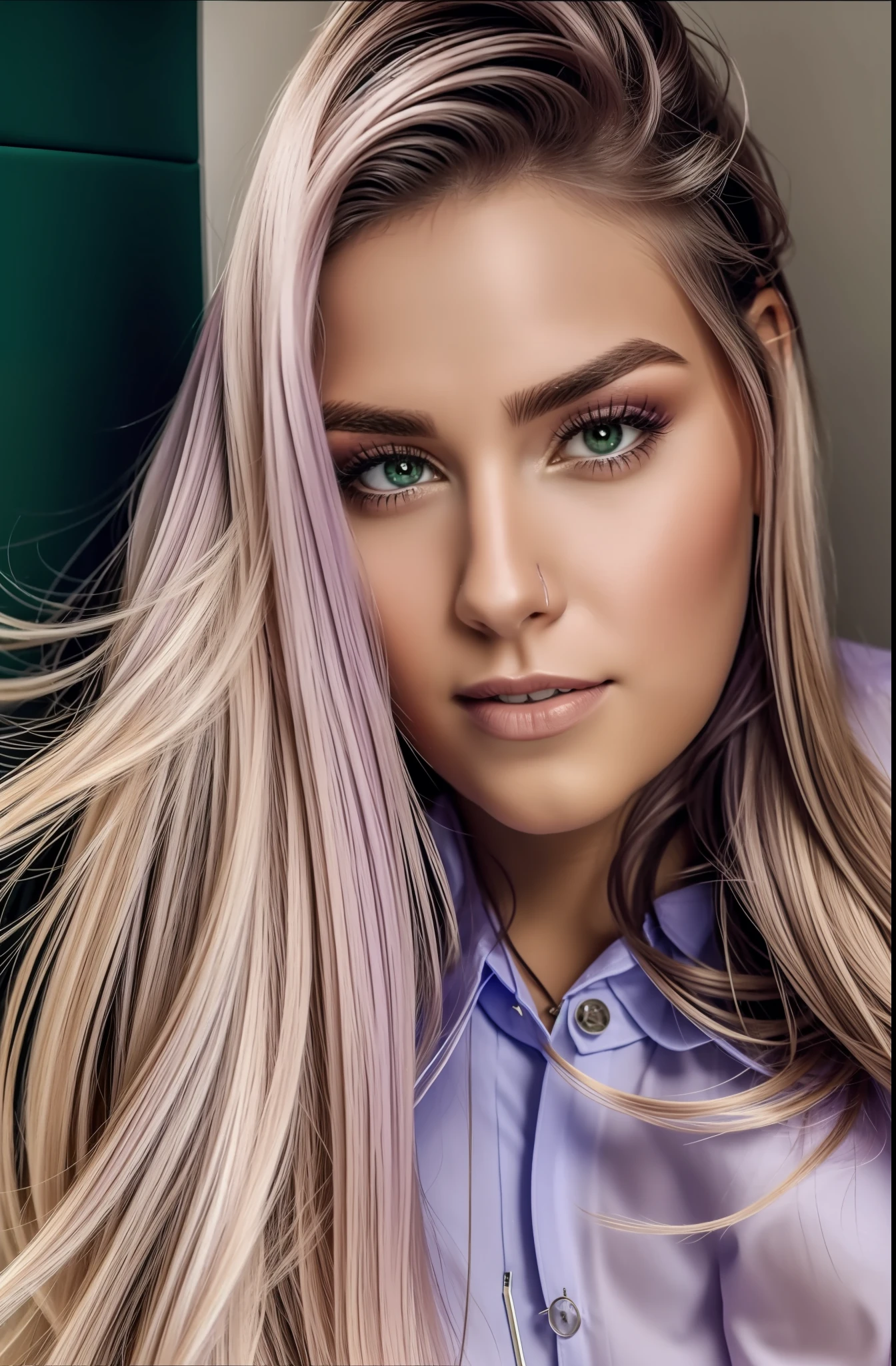Mulher de cabelo loiro, olhos verdes, lilac shirt