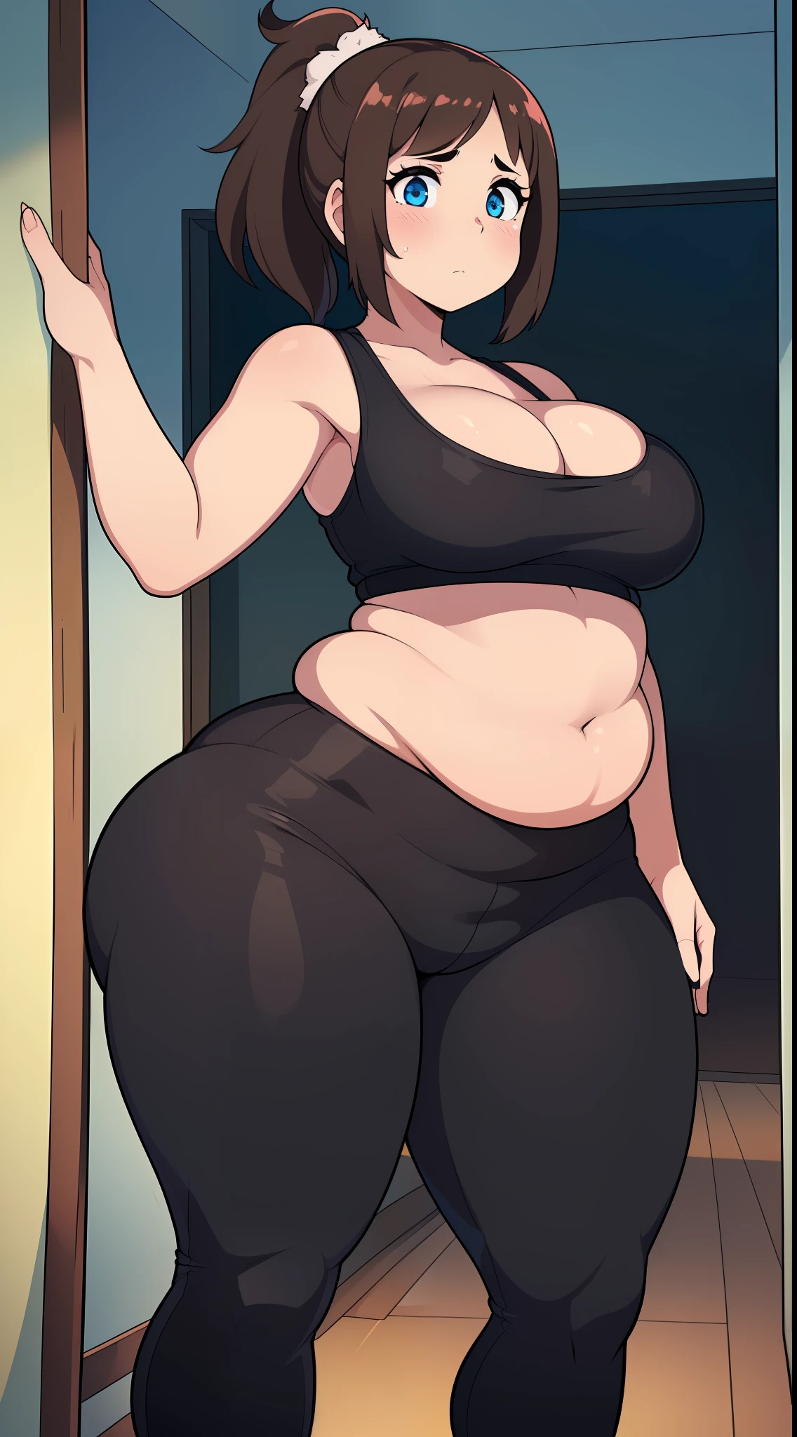 (((kipteitei art))), ((masterpiece)), (((best quality))), ((ultra-detailed)), (((illustration))), detailed face, detailed body, ultra cute face, (((1girl))), ((solo)), ((Line art)), (in the style of cell shaded), (vivid colors), skindentation, medium hair, brown hair, ponytail, blue eyes, (((fluffy hair))), looking at self, nervous, embarrassed, (blush), ((white crop top)), ((black leggings)), (((tight leggings))), ((undersized clothes)), (large breasts), cleavage, perky breasts, (((wide hips))), ((((thick thighs))))), plump, (fat folds), ((belly hang)), (((soft belly))), school hallway, 20 year old girl