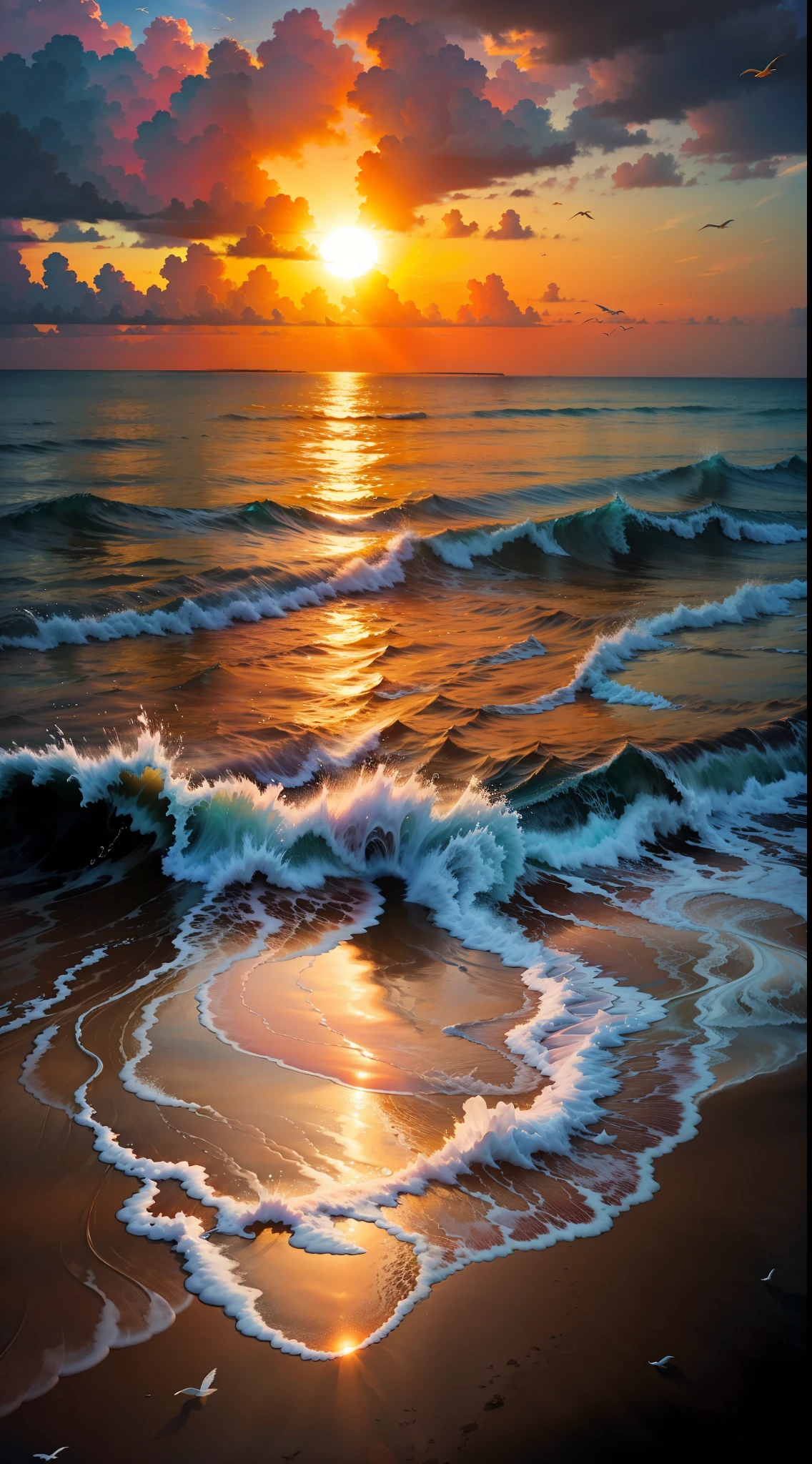 An absolutely mesmerizing sunset over the beach, with a blend of oranges, pinks, and yellows filling the sky. Crystal-clear waters of the sea gently kissing the shore, with sandy white beach stretching far and wide. The scene is dynamic and breathtaking, with seagulls soaring high in the sky and gently swaying palm trees. Take in the calming atmosphere and let the peacefulness wash over you.