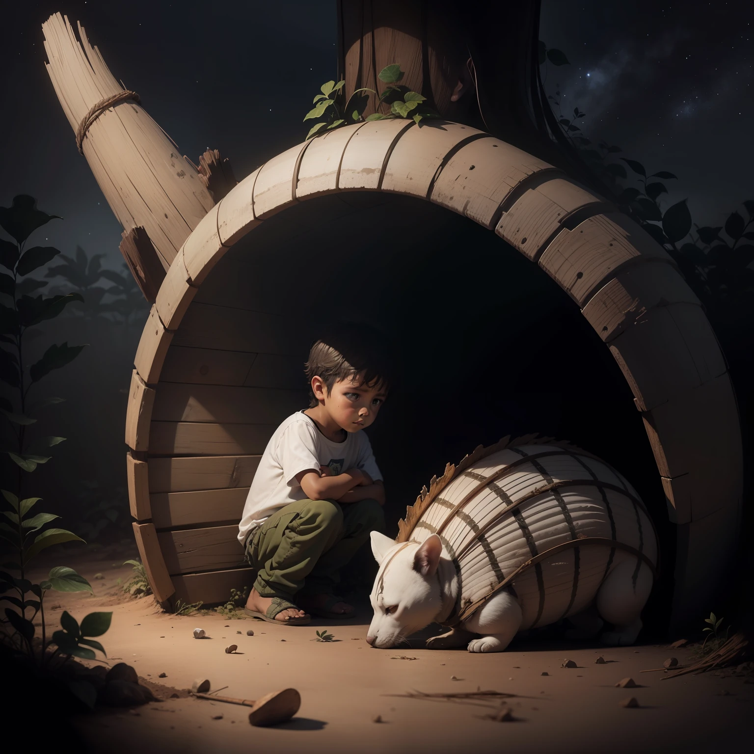 [ olhando] pequeno tatu triste, Floresta grande, burrows on the dirt floor, Estrelas, high resolution, 4k, desenho de fantasia, pencil strokes, preto e branco