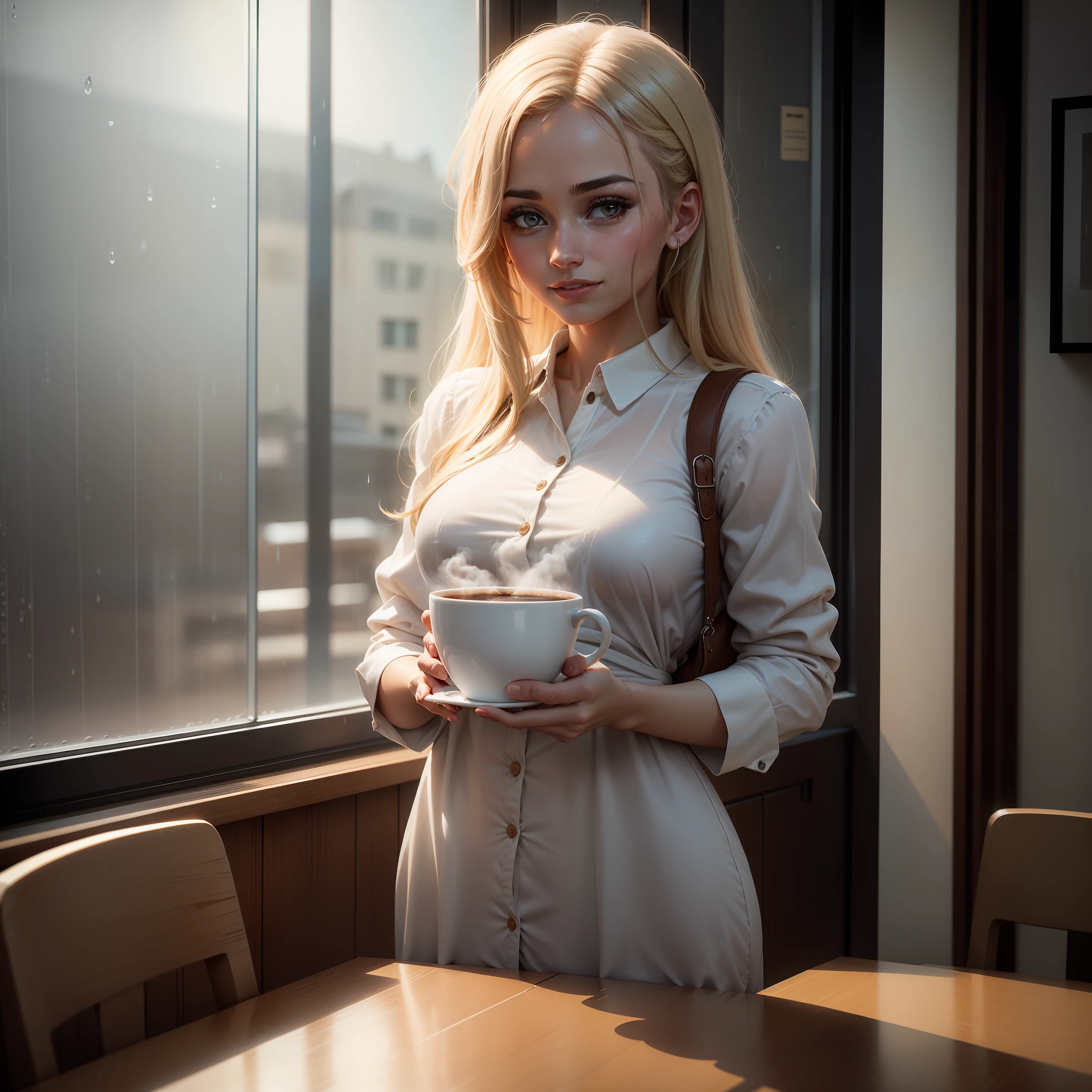 Uma mulher loira em uma cafeteria, holding a steaming cup of coffee, as he looks out the window at the rain falling outside, 8k, ultra realista, she is happy.