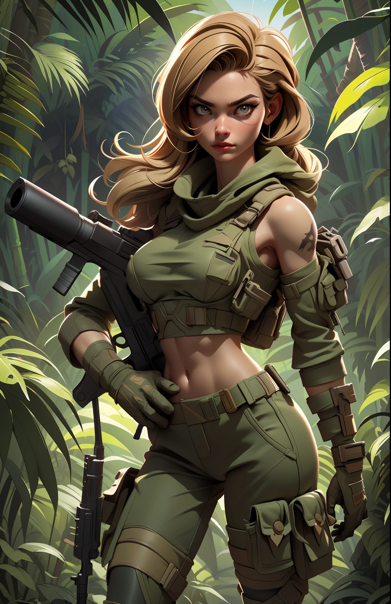 Gorgeous and fearless female soldier, fit body, military cropped top, bare shoulders, dark blond hair, tattoo arm, holding big gun, running, looking at distance, sun rays, (((jungle background))), full detail face, killing eyes, high detail, realistic, photo quality, high quality, (photorealistic:1.6), highly detailed, masterpiece, High-quality shadow,